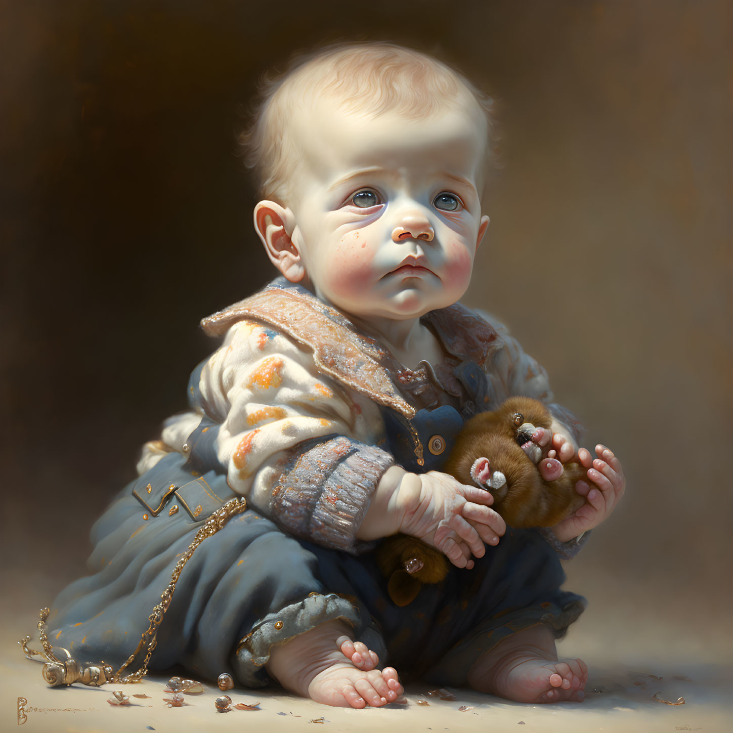 Realistic Painting of Baby Seated with Pensive Expression