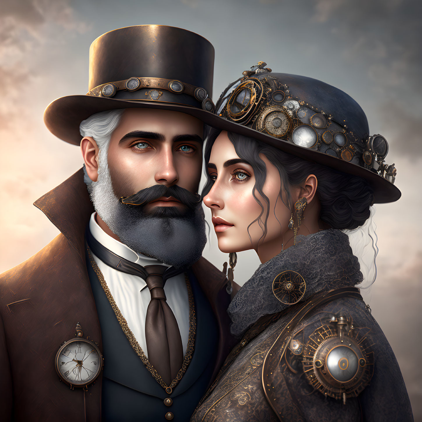 Steampunk Victorian couple in detailed attire with top hats and goggles