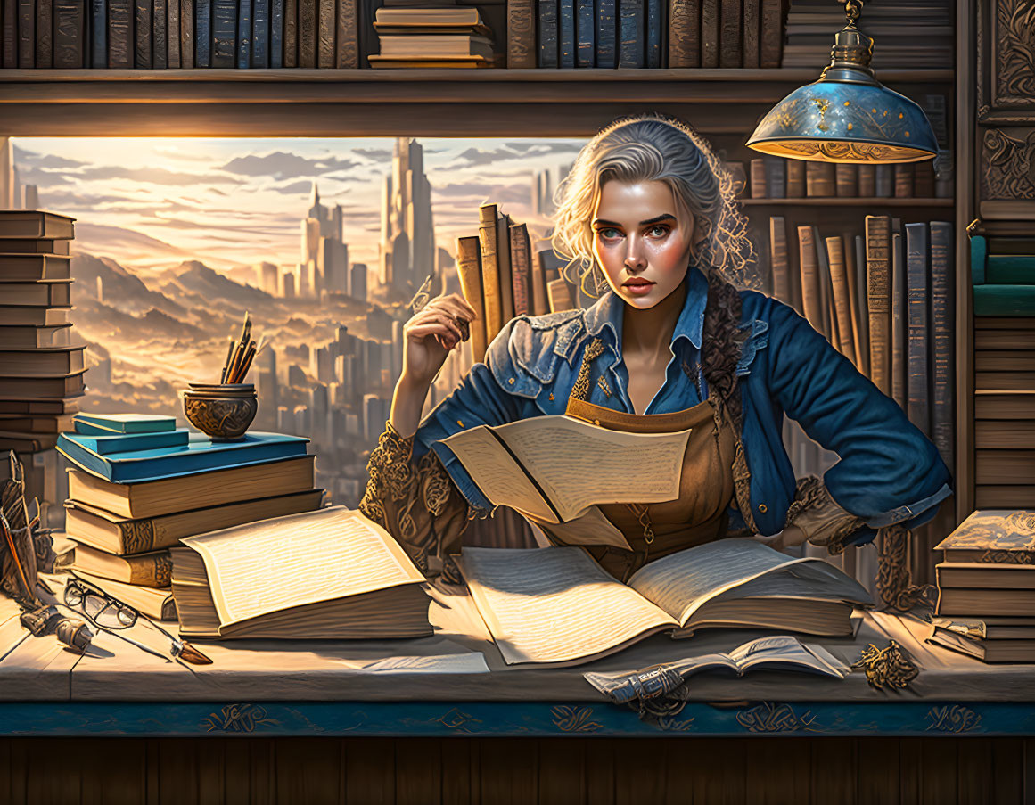 Woman reading book in library with open books, lit lamp, and cityscape view.