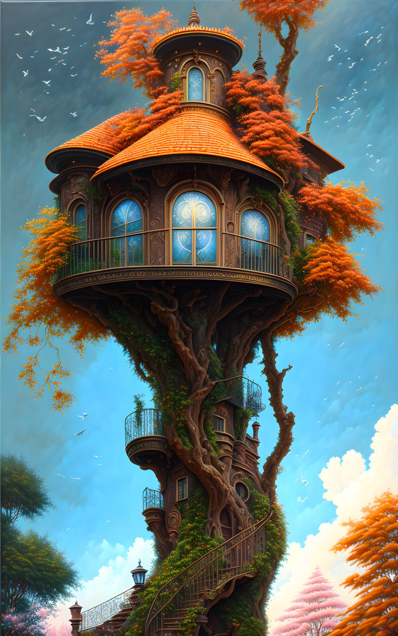 Ornate Treehouse with Spiral Staircases and Stained-Glass Windows