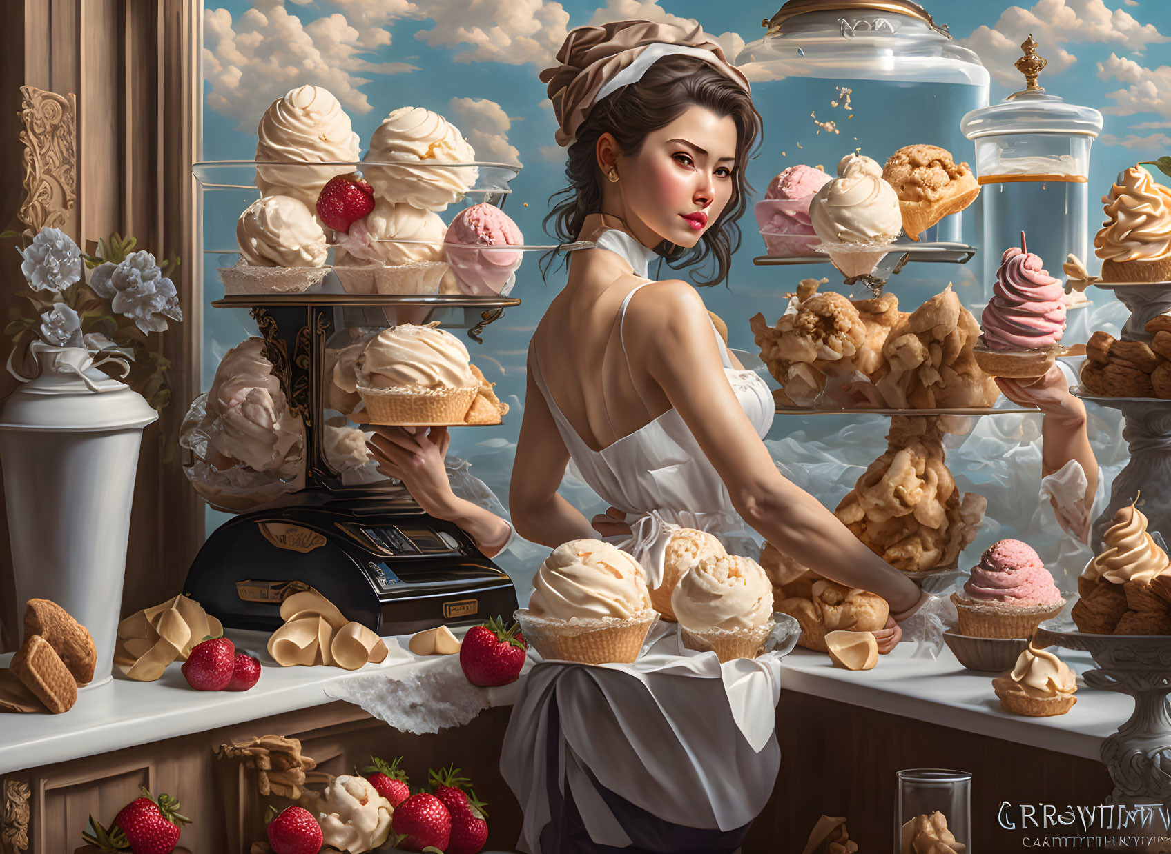 Female chef surrounded by ice cream desserts in front of window