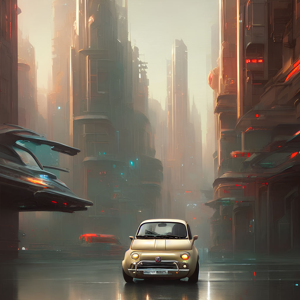 Vintage car on futuristic city street with skyscrapers and flying vehicles