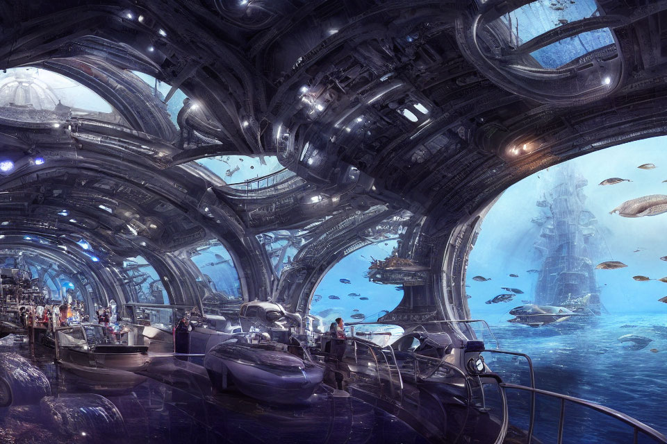 Futuristic underwater city with domed structures and advanced submarines