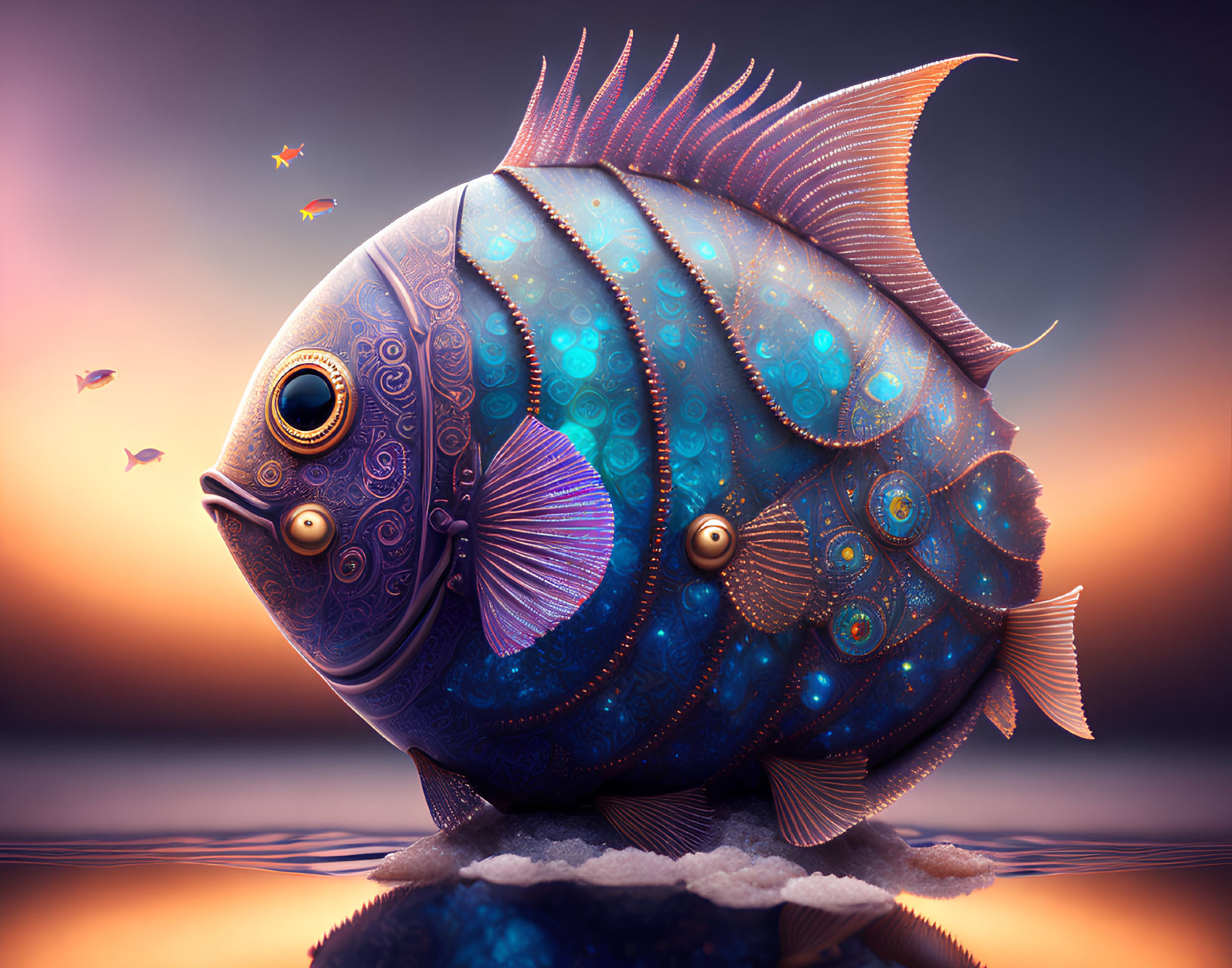 Colorful Stylized Round Fish Illustration with Fantasy Elements