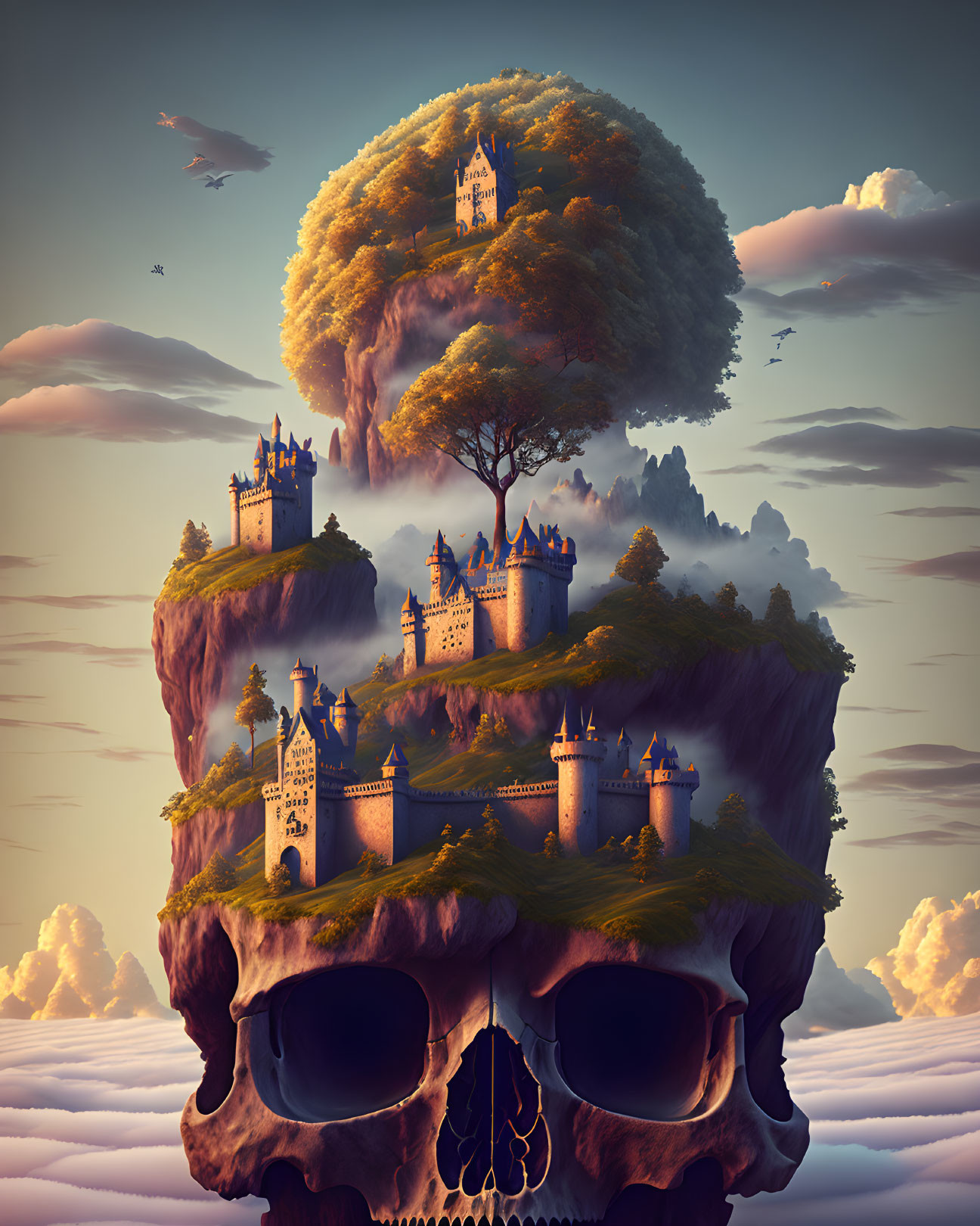 Fantastical floating islands with skull castle and serene sky.