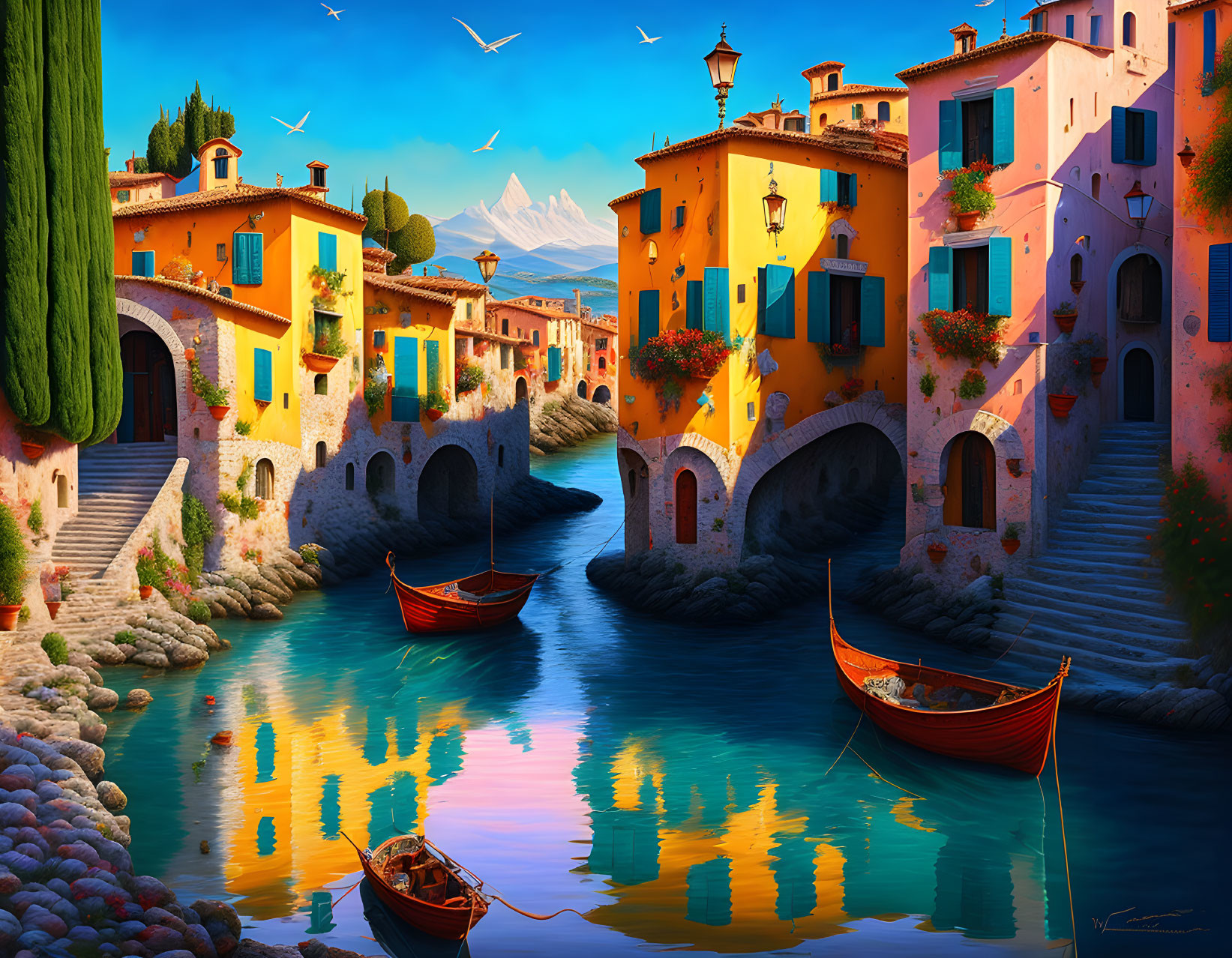 Scenic Mediterranean village with colorful homes, stone bridges, moored boats, and mountain backdrop