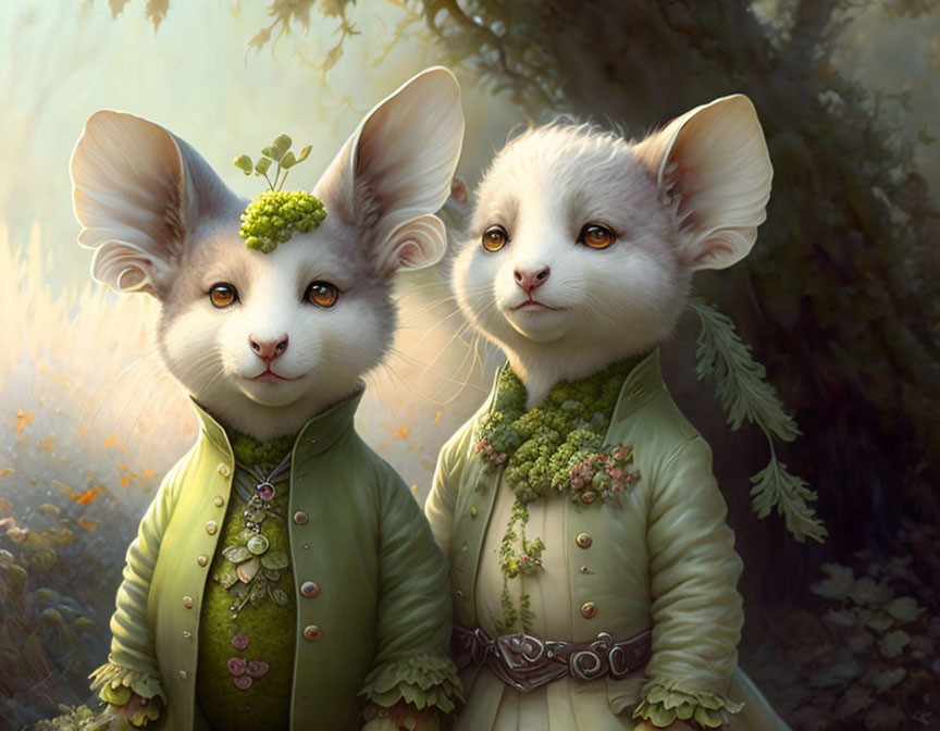 Anthropomorphic mice in elegant green outfits with serene forest backdrop