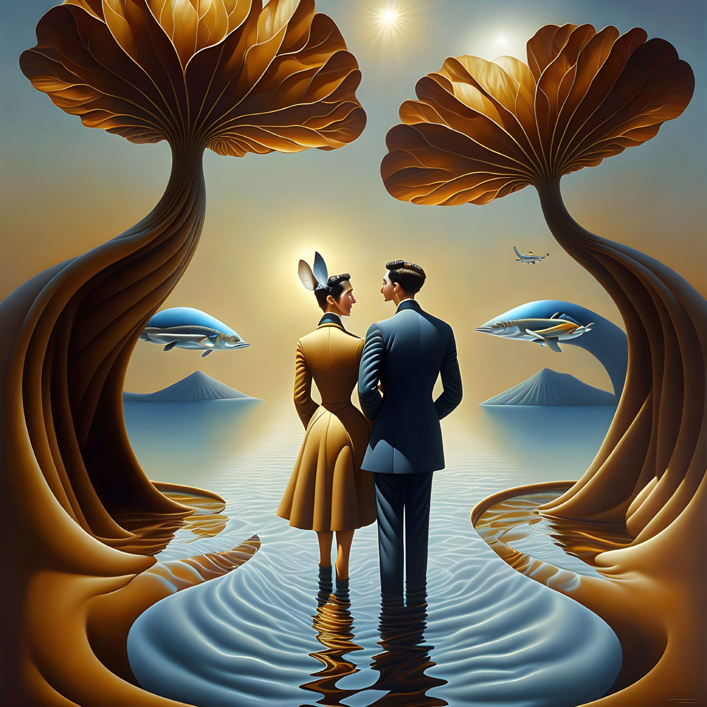 Man and woman on reflective water with tree-like structures and flying fish in surreal setting