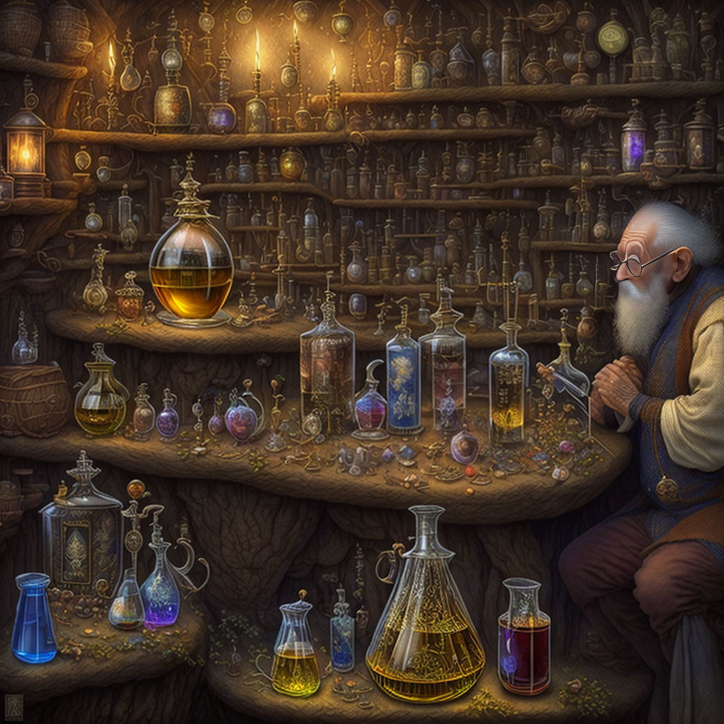 Elderly alchemist in cluttered, candlelit workshop with vials and artifacts