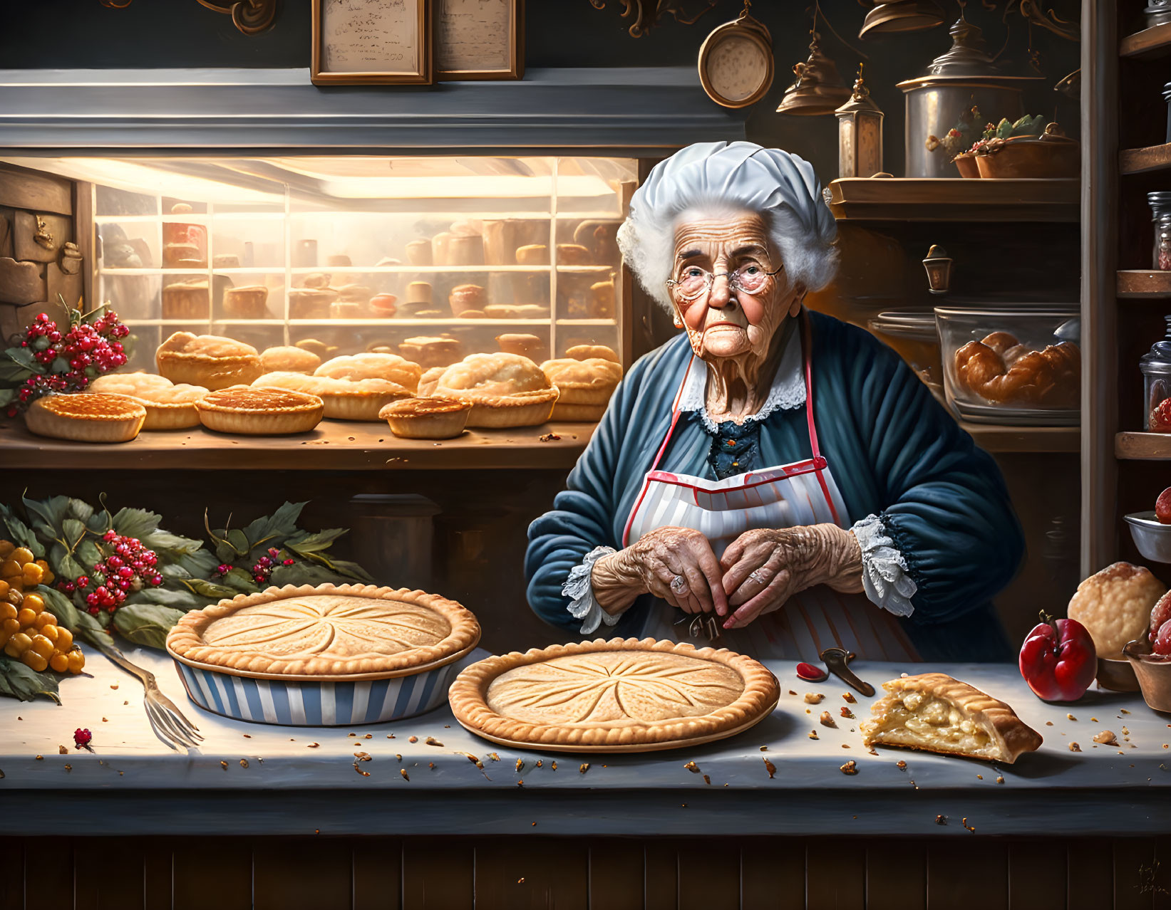 Elderly woman in chef's hat smiles in cozy bakery with pies.