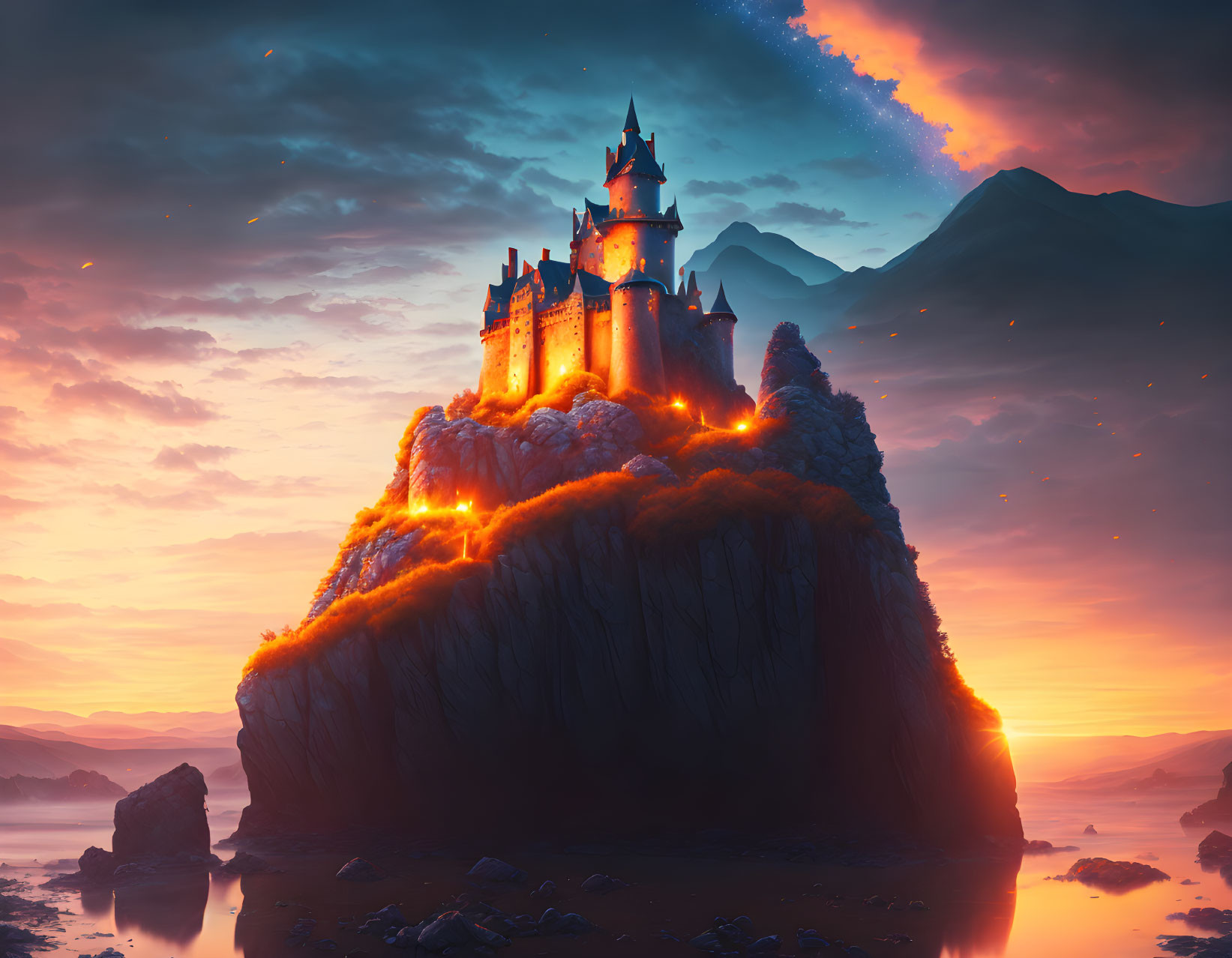 Castle on rugged cliff at sunset with lava streams and starry sky