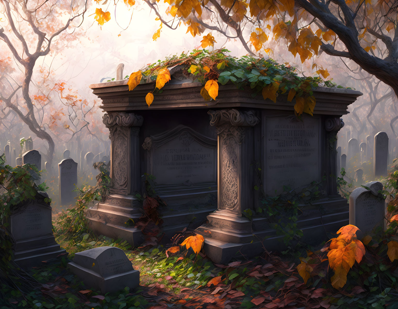 Ornate, overgrown mausoleum in autumn cemetery scene