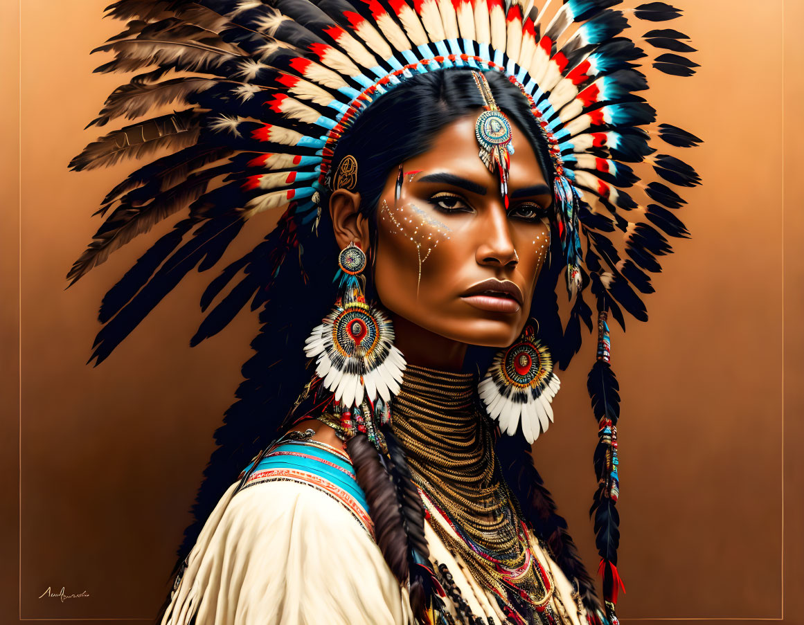 Indigenous Attire with Feather Headdress and Face Paint