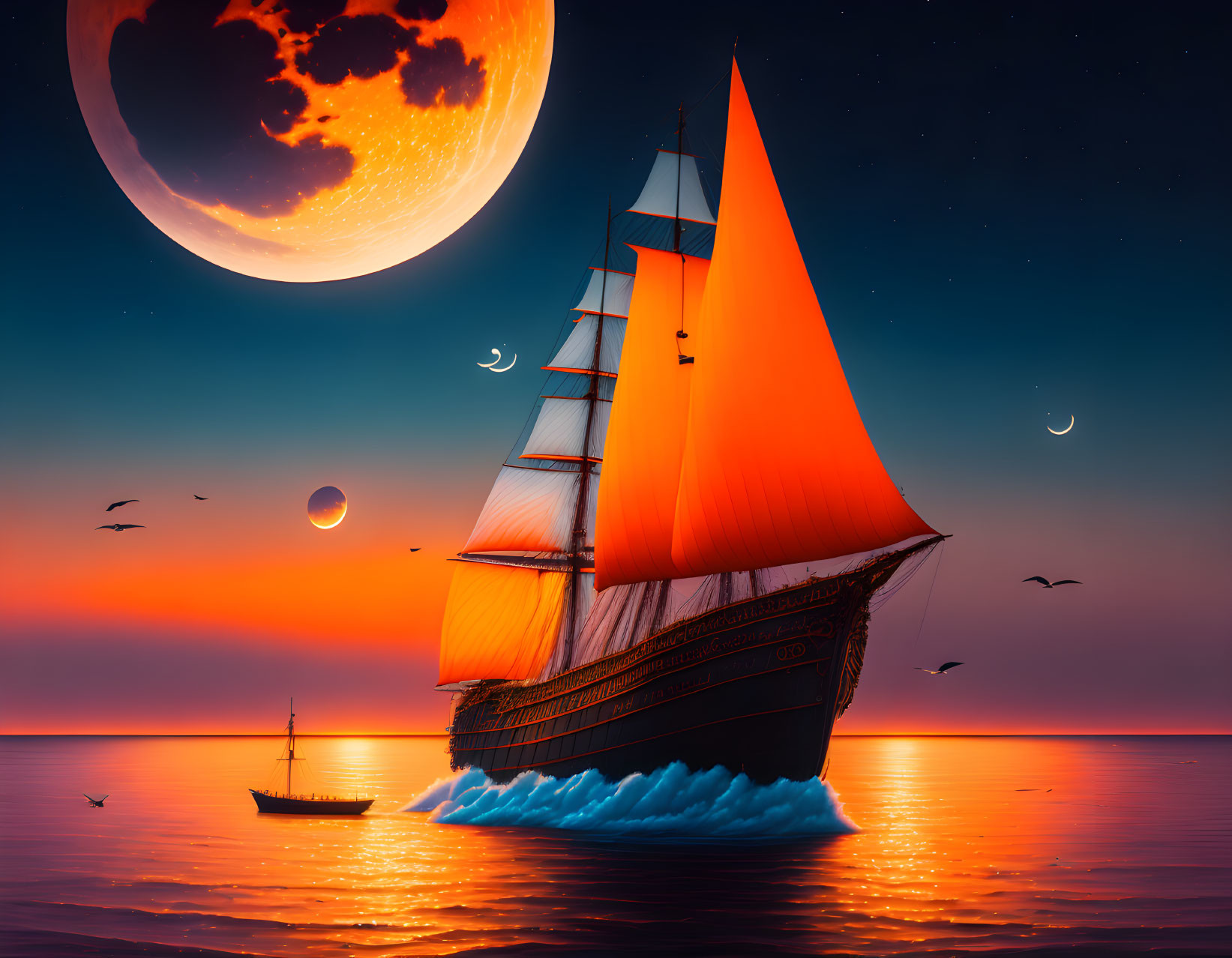 Majestic sailing ship with red sails on calm seas at twilight