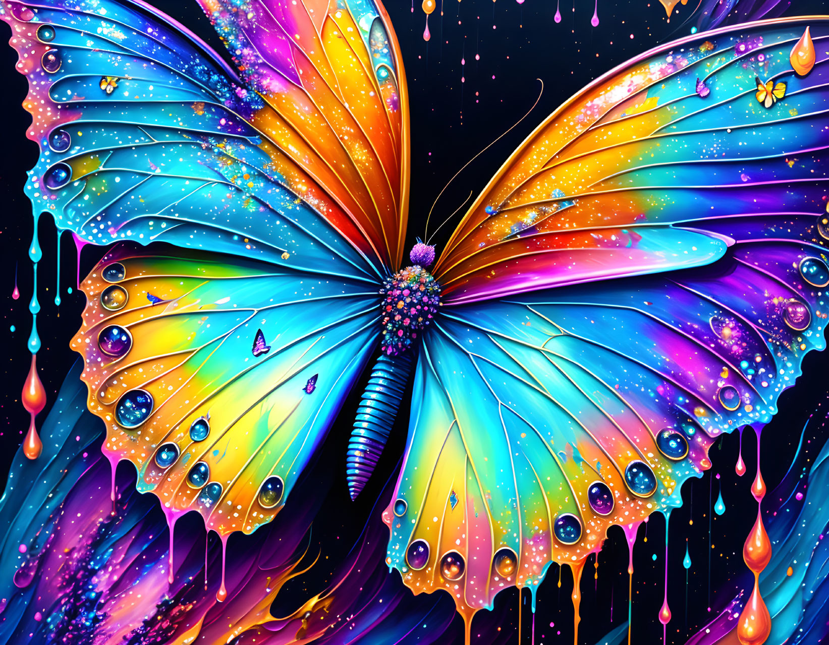 Colorful Butterfly Digital Art with Rainbow Wings and Sparkling Droplets on Starry Background