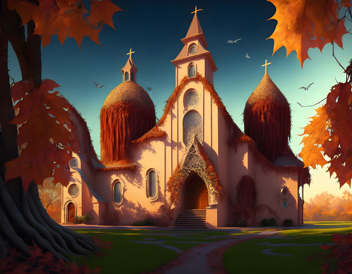 Whimsical church with golden domes in autumn sunset