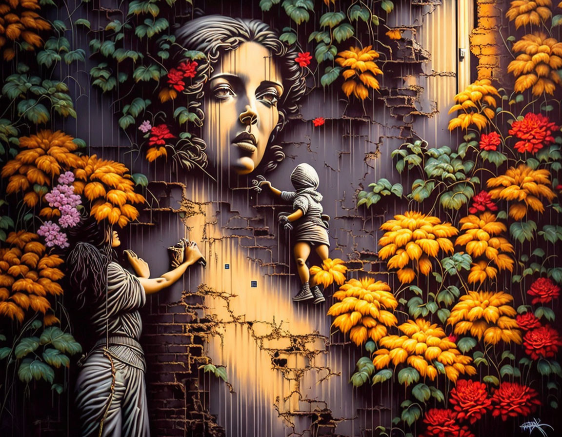 Colorful mural depicting woman's face with foliage, flowers, and child figure.