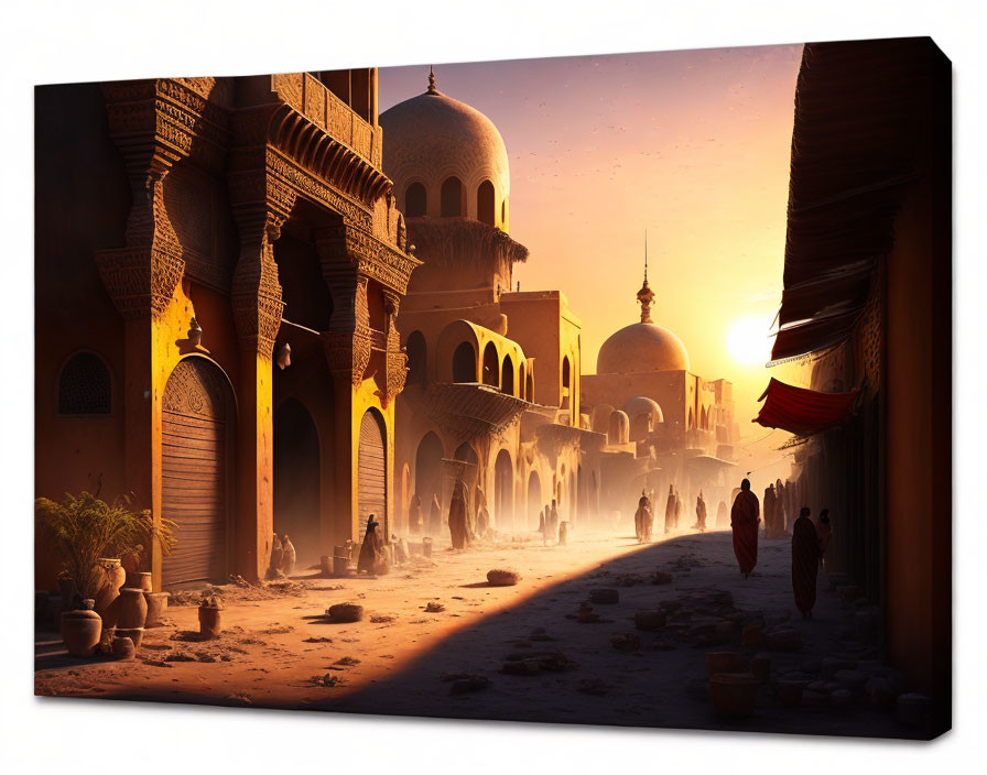 Vibrant sunset over an old Middle Eastern bazaar with traditional architecture and dusty ambiance