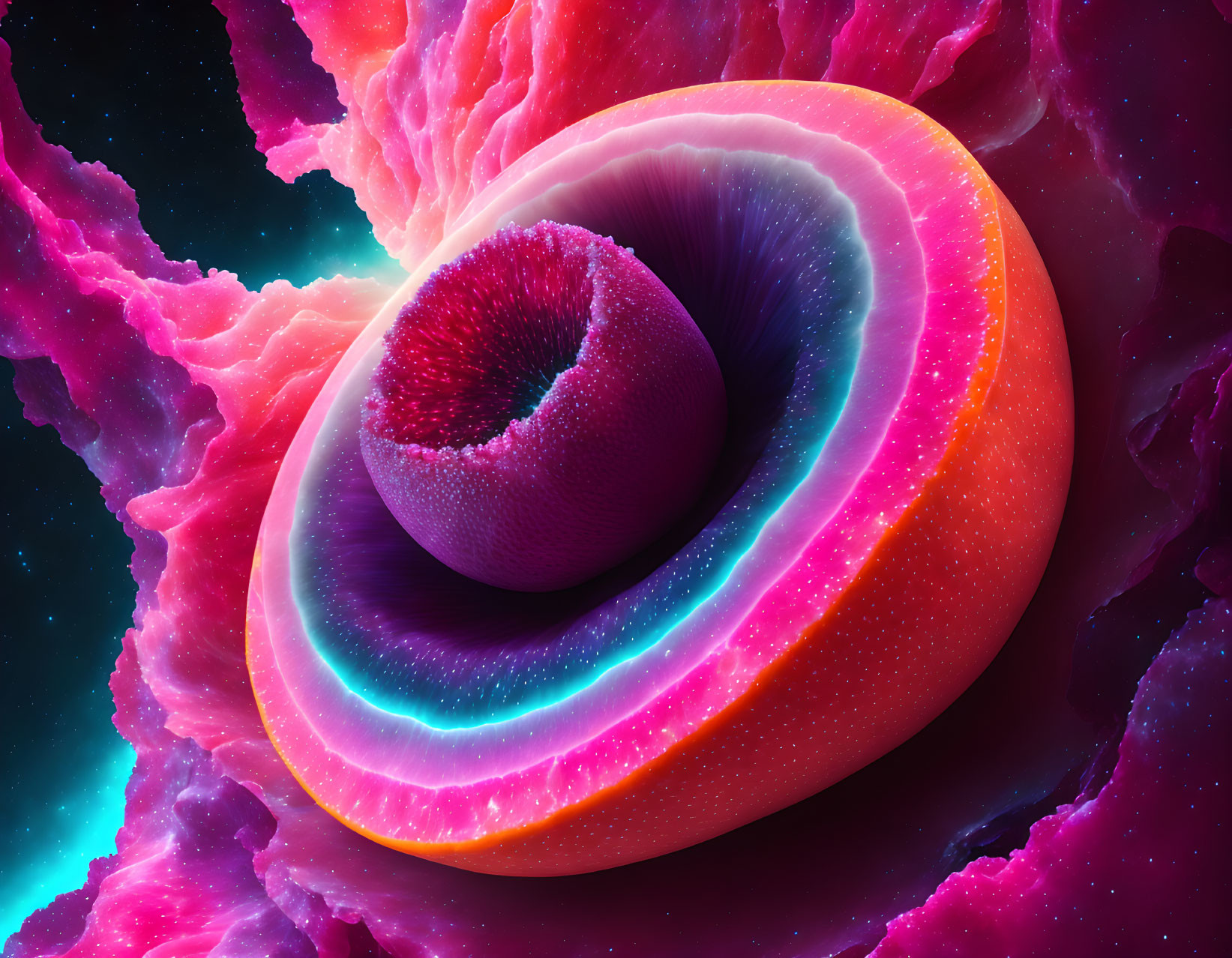 Colorful Abstract Art: Neon Swirled Circle Surrounded by Alien Flower Shapes