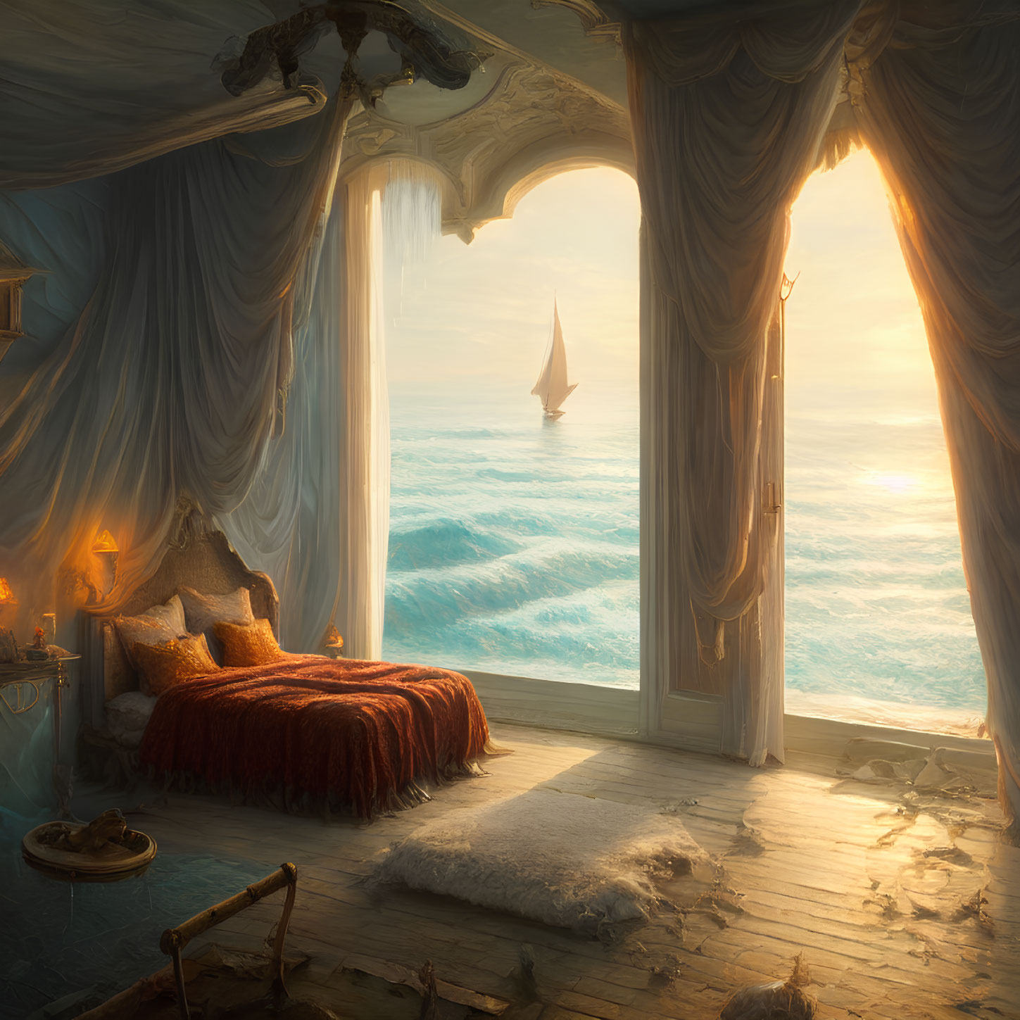 Tranquil bedroom scene transitions to stormy sea with sailboat at sunrise or sunset