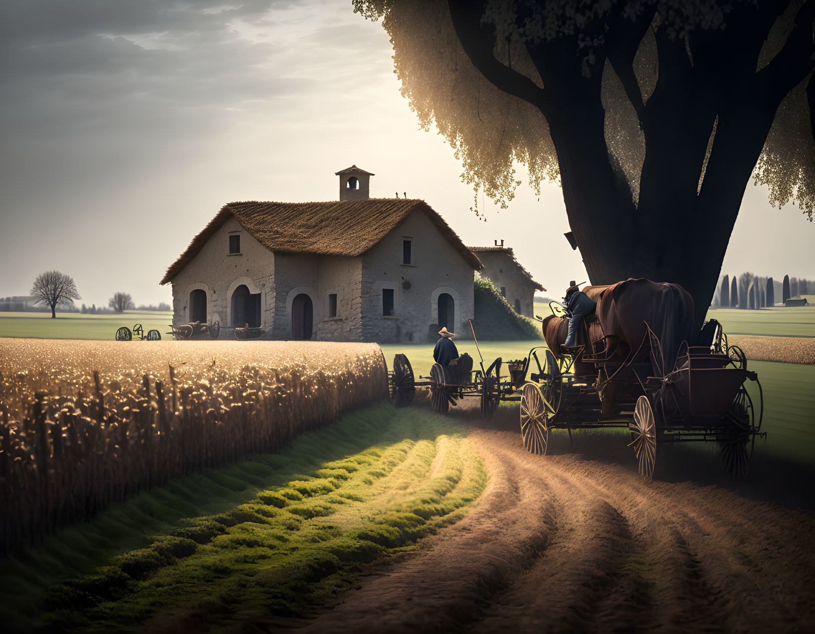 Rural scene: horse-drawn cart near wheat field and rustic house