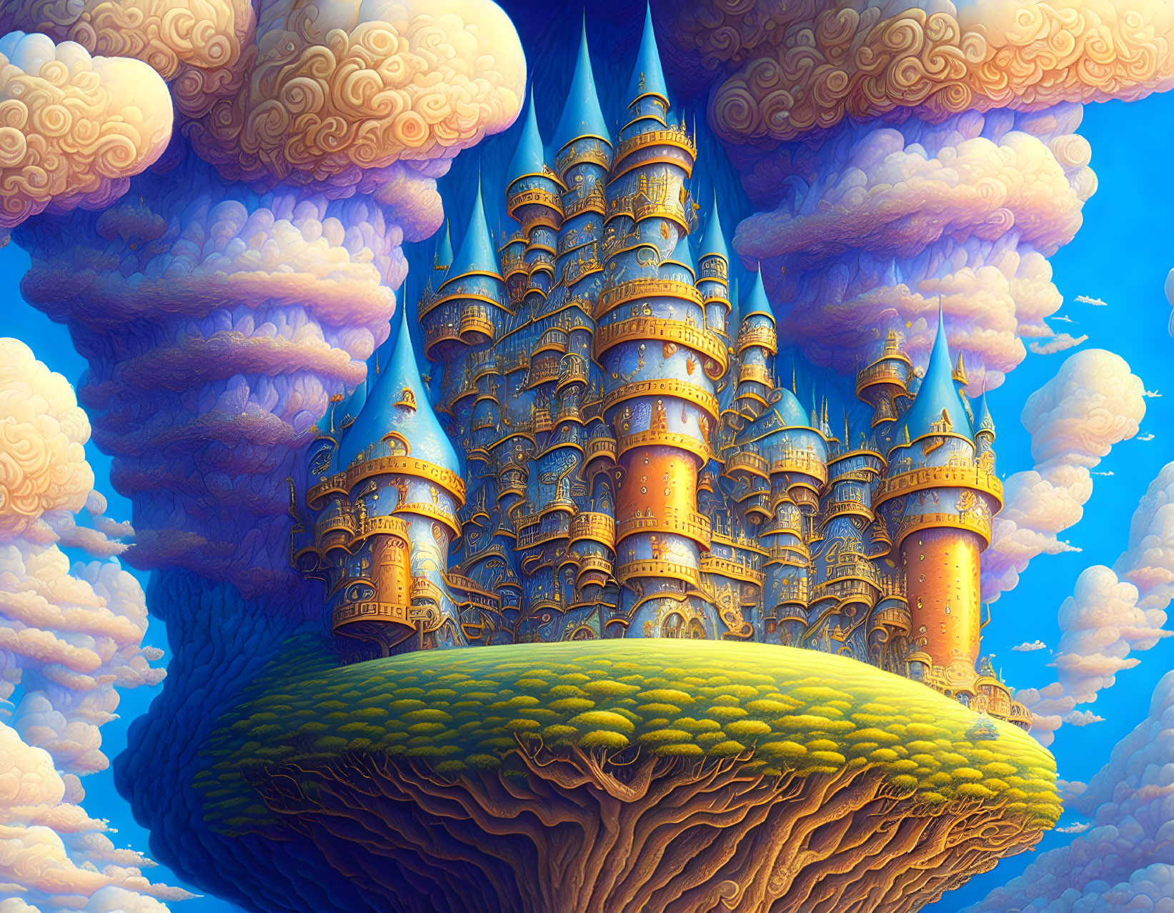 Fantastical castle on floating landmass with spires and clouds