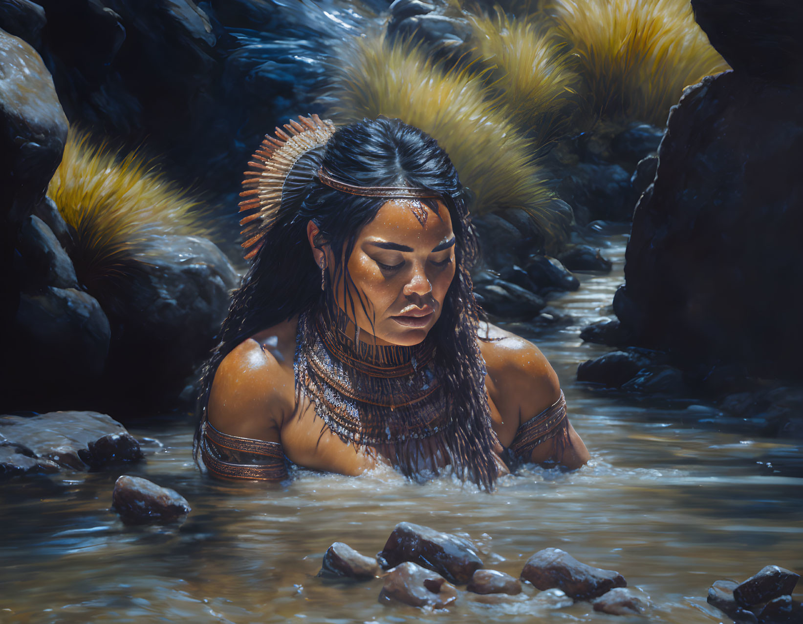 Indigenous woman adorned in stream with sunbeams.