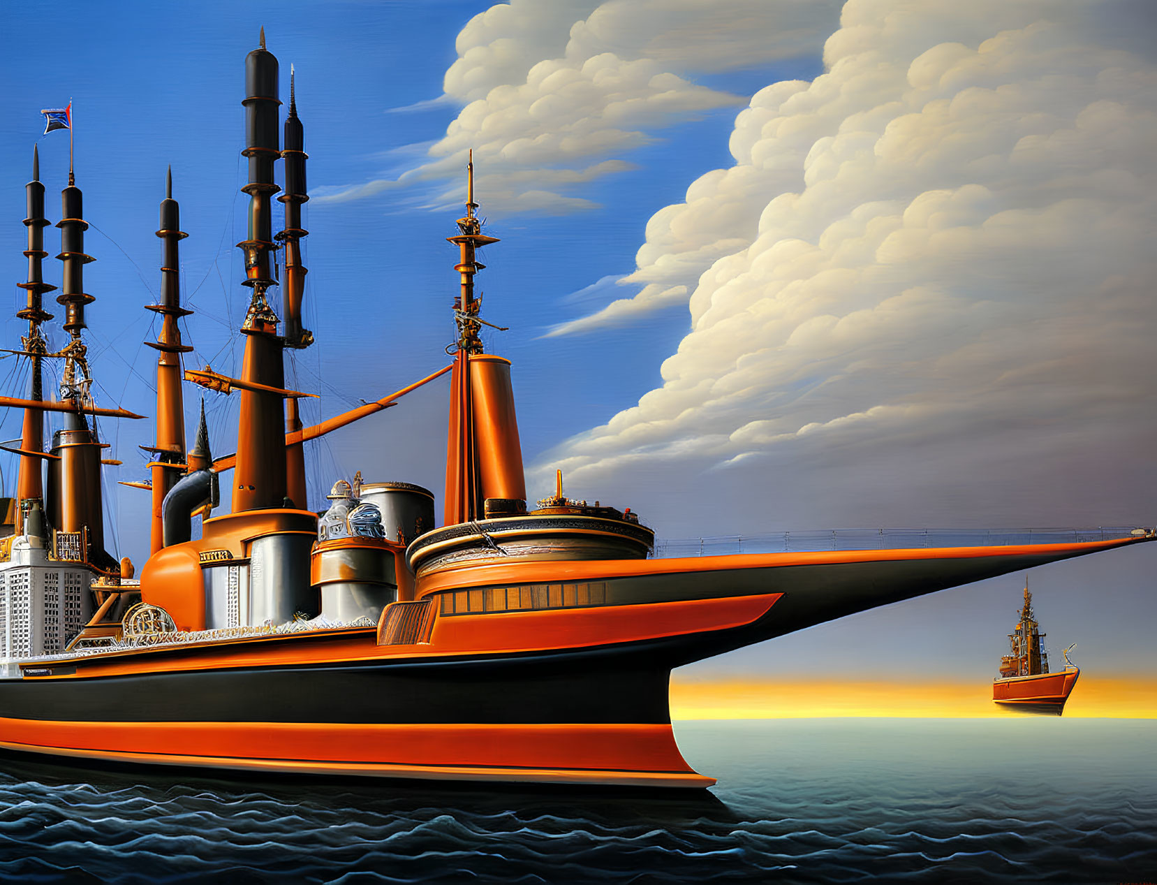 Digital artwork of orange and black retro-futuristic battleship at sea