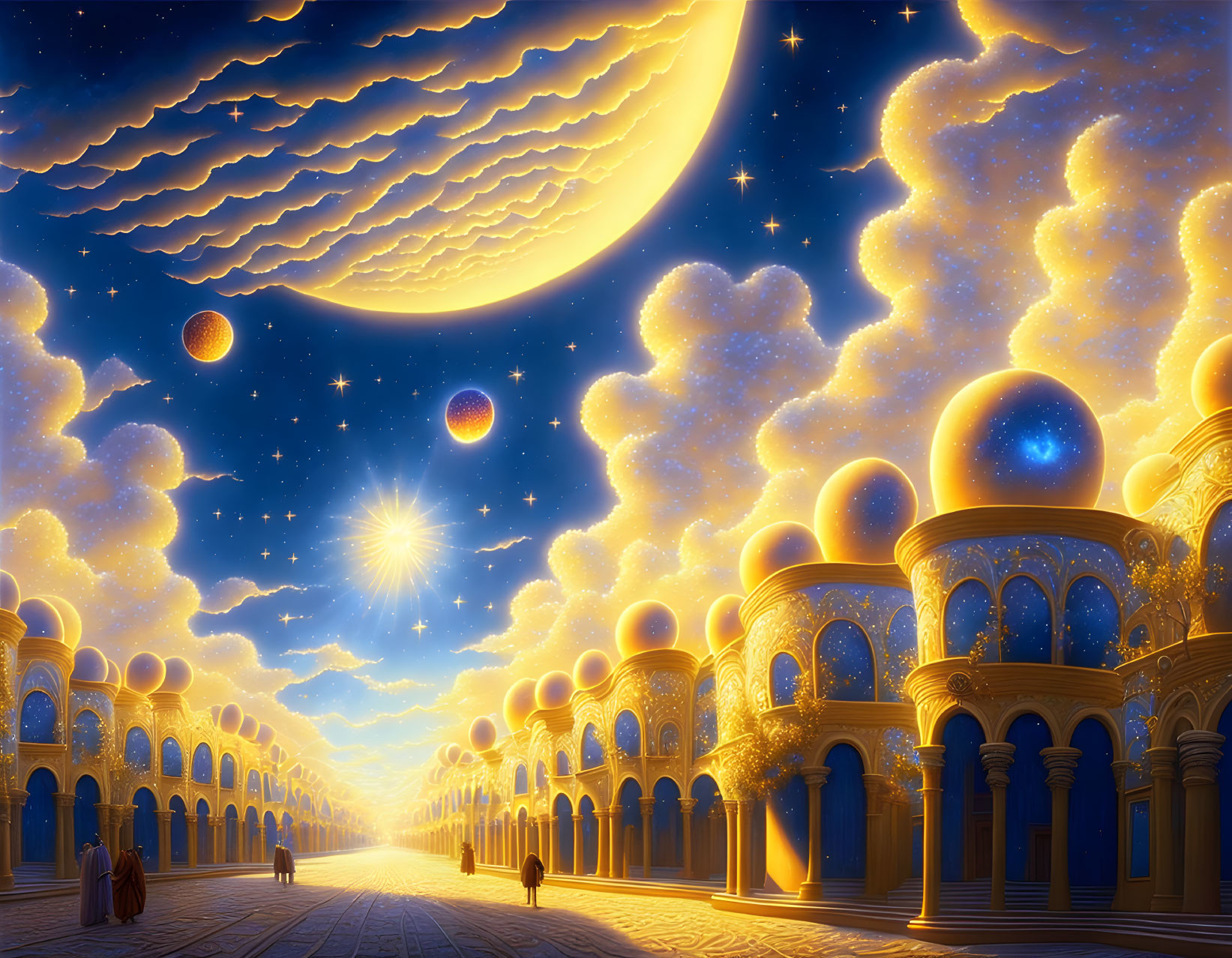 Nighttime cityscape with moon, stars, clouds, dome-topped buildings, and glowing pathway.