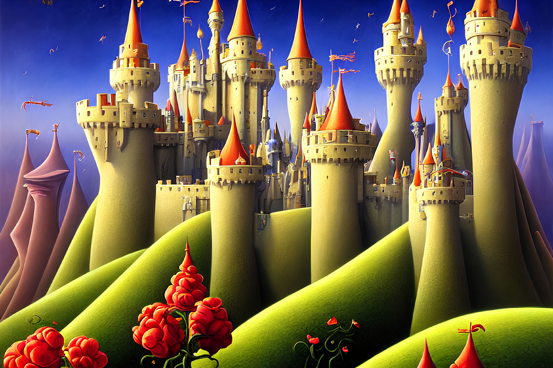 Colorful Fantasy Castle with Towering Spires and Red Roses