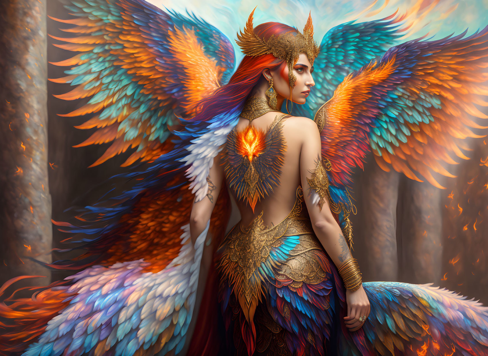 Vibrant woman with multicolored angel wings and golden body art in warm backdrop