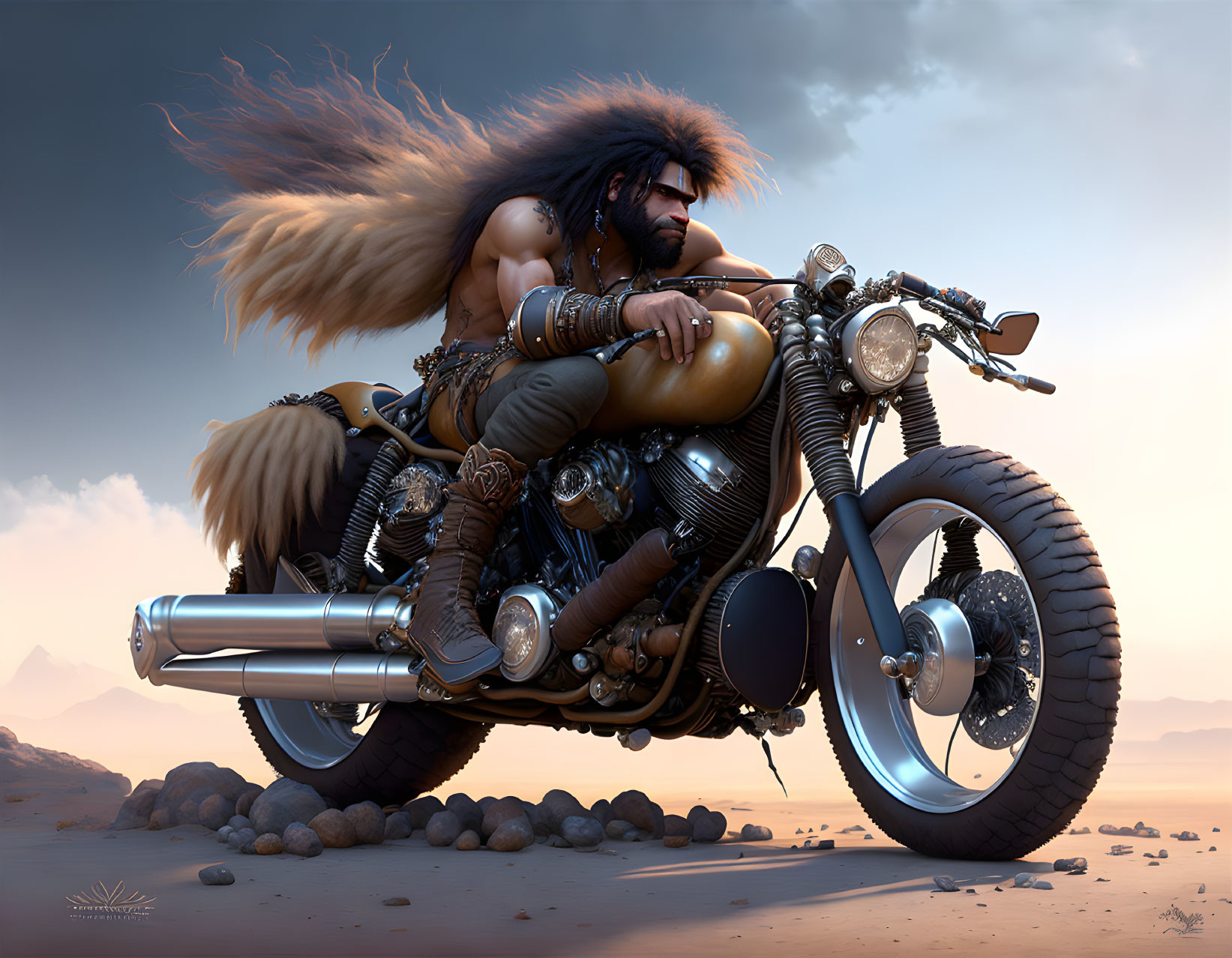 Muscular character on custom motorcycle in desert landscape