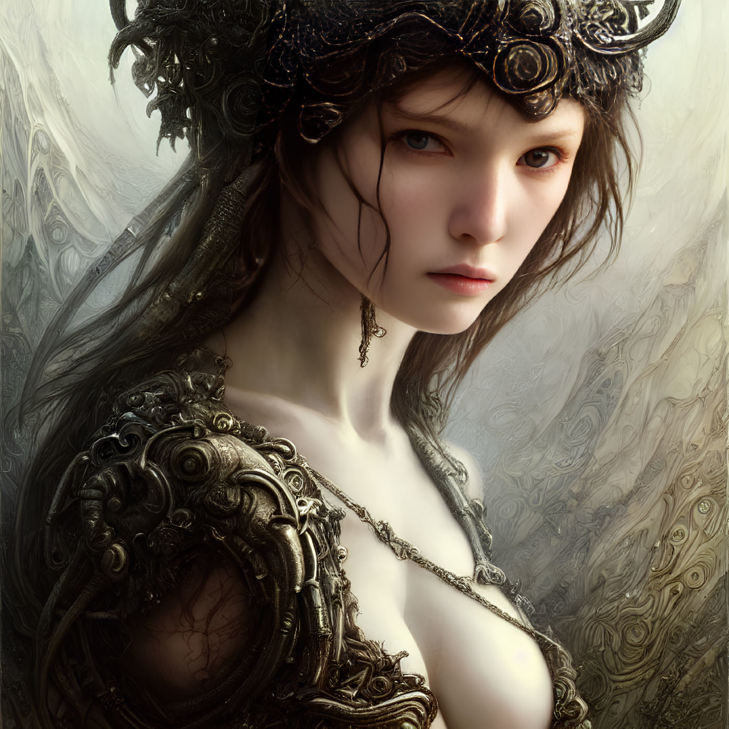 Digital Artwork: Woman in Ornate Armor and Headdress