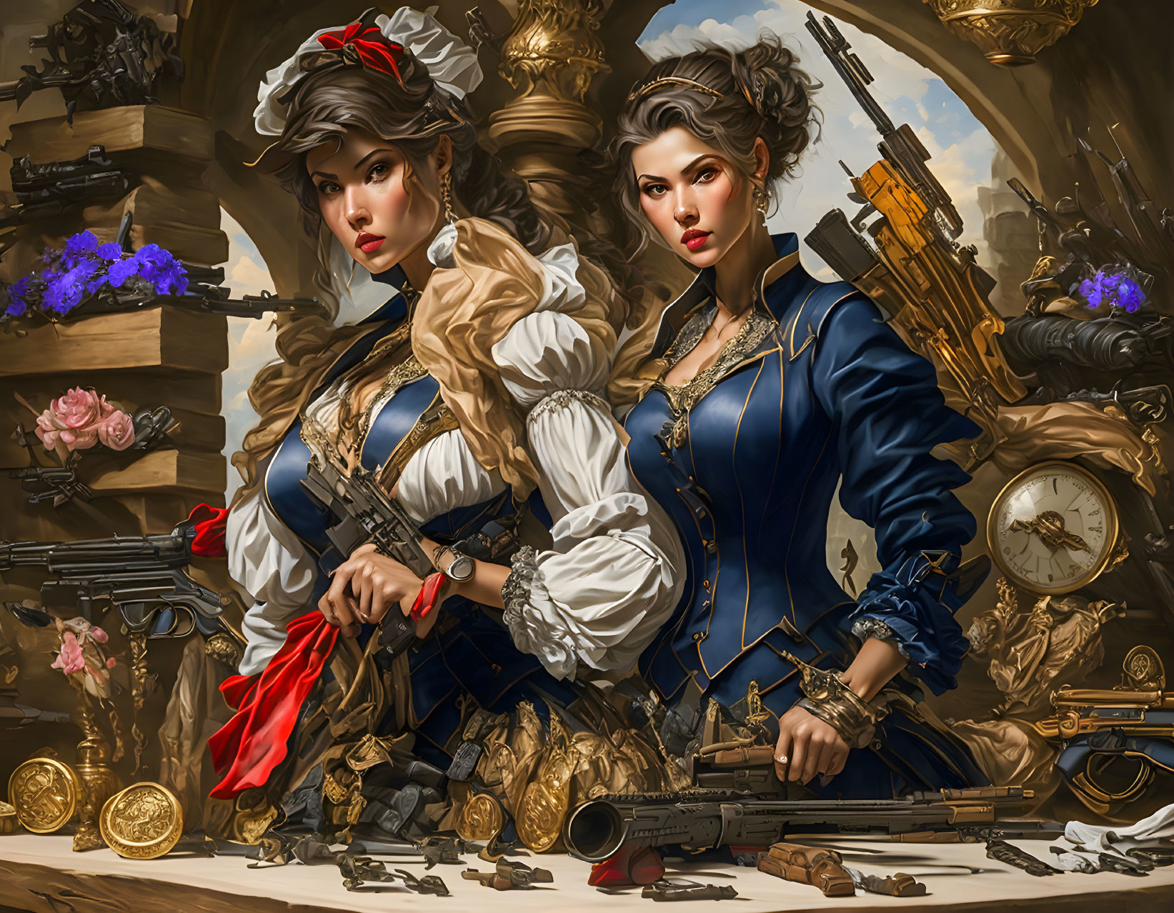 Historically dressed women with modern rifles in opulent setting.