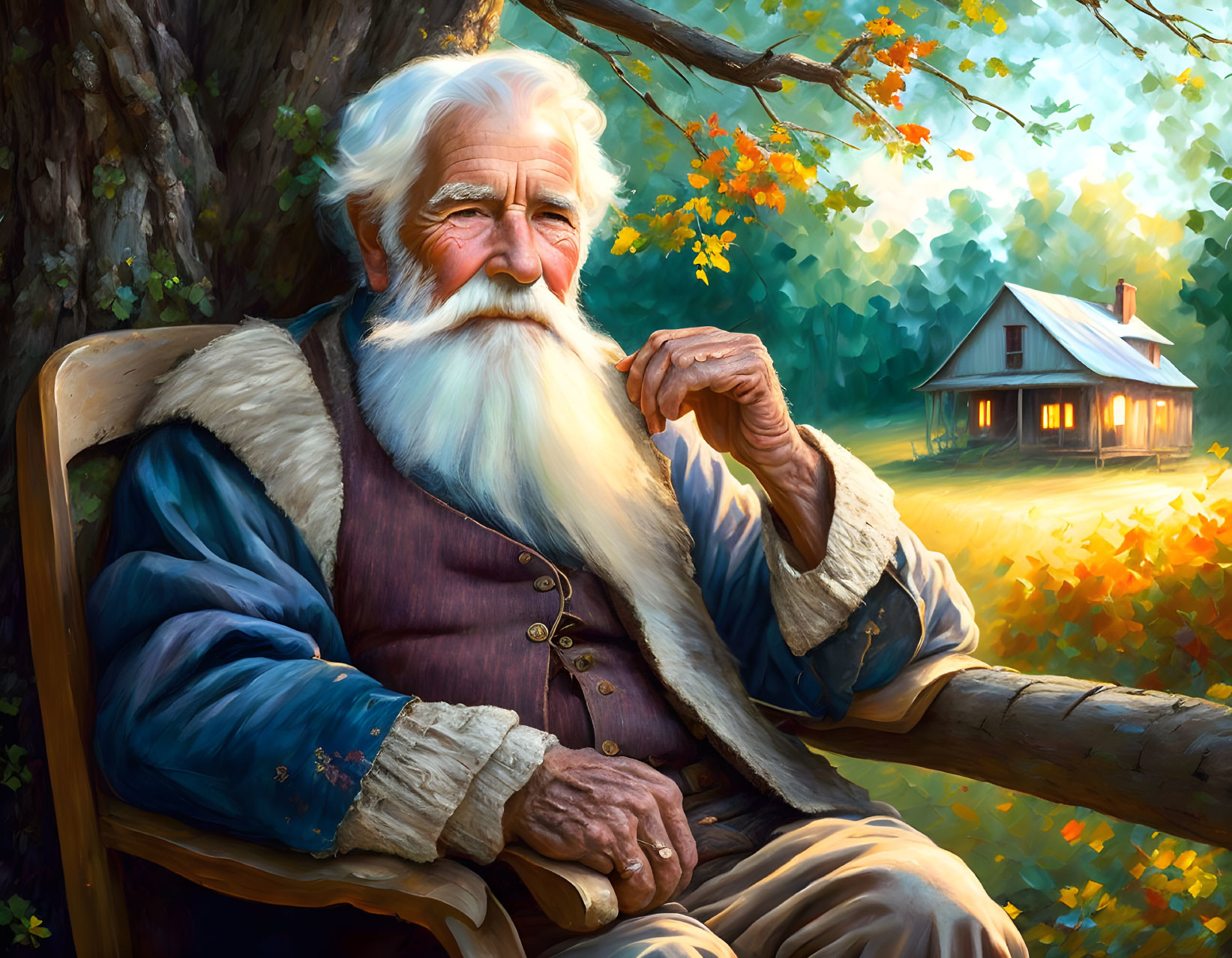 Elderly man with white beard sitting on bench in autumn setting