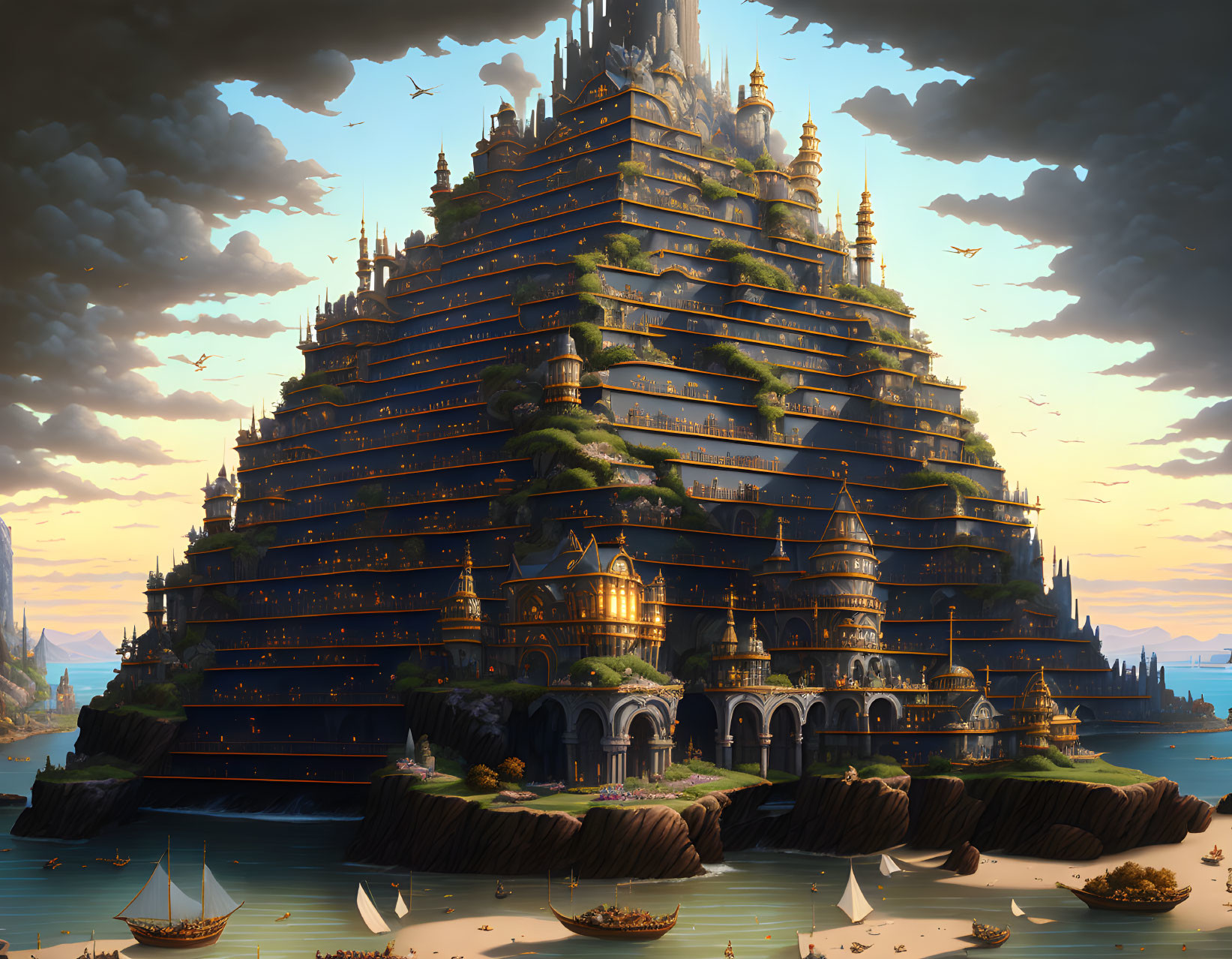 Fantasy ziggurat city with terraced gardens and glowing windows against a dusk sky