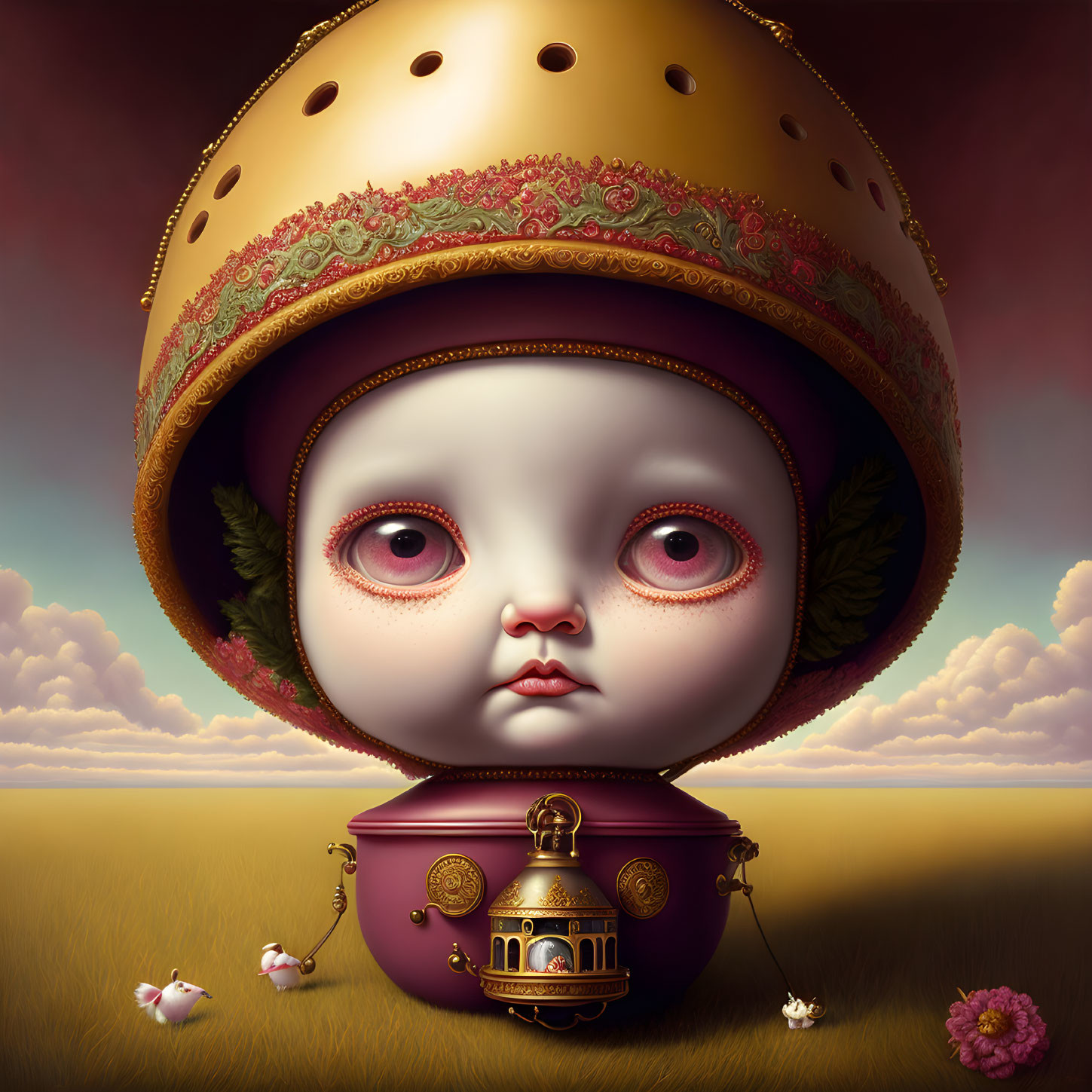 Surreal artwork of a child's face in ornate helmet with teapots on twilight sky