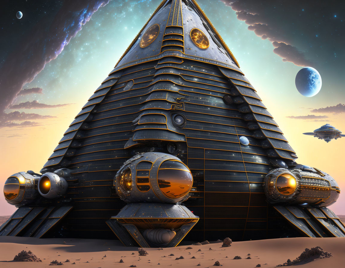 Futuristic pyramid with spherical modules on desert planet under starry sky