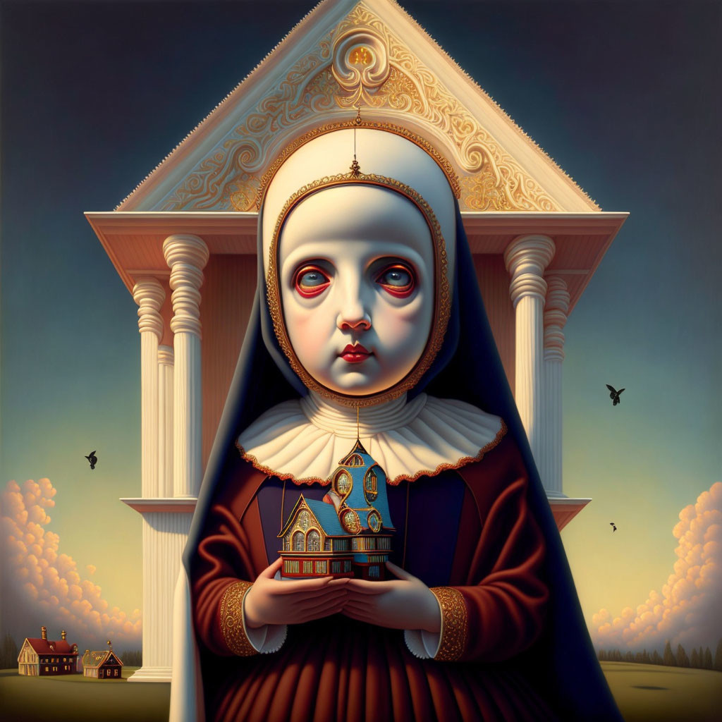 Surreal illustration of girl as nun with model church in twilight sky