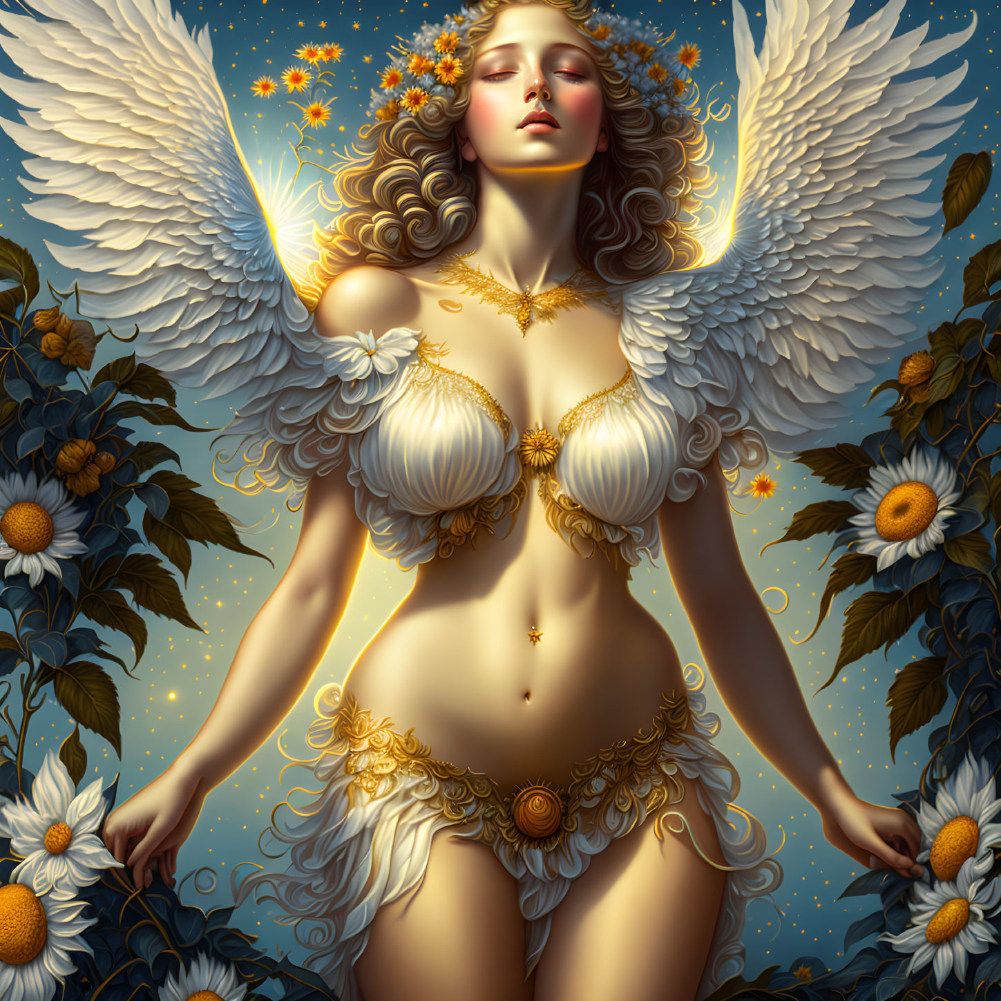 Angelic figure with white wings in golden attire among sunflowers