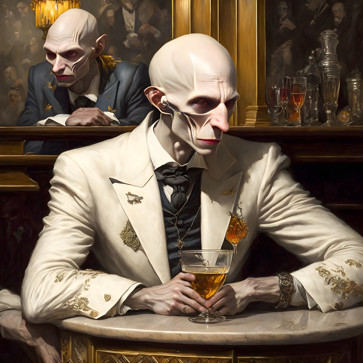 Portrait of a Pale Bald Man in White Suit at Bar