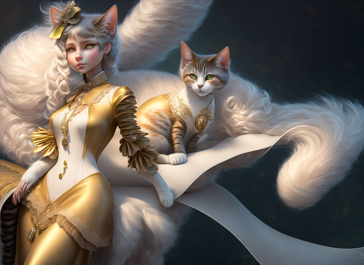 Fantasy illustration of cat-eared woman in gold dress with matching cat