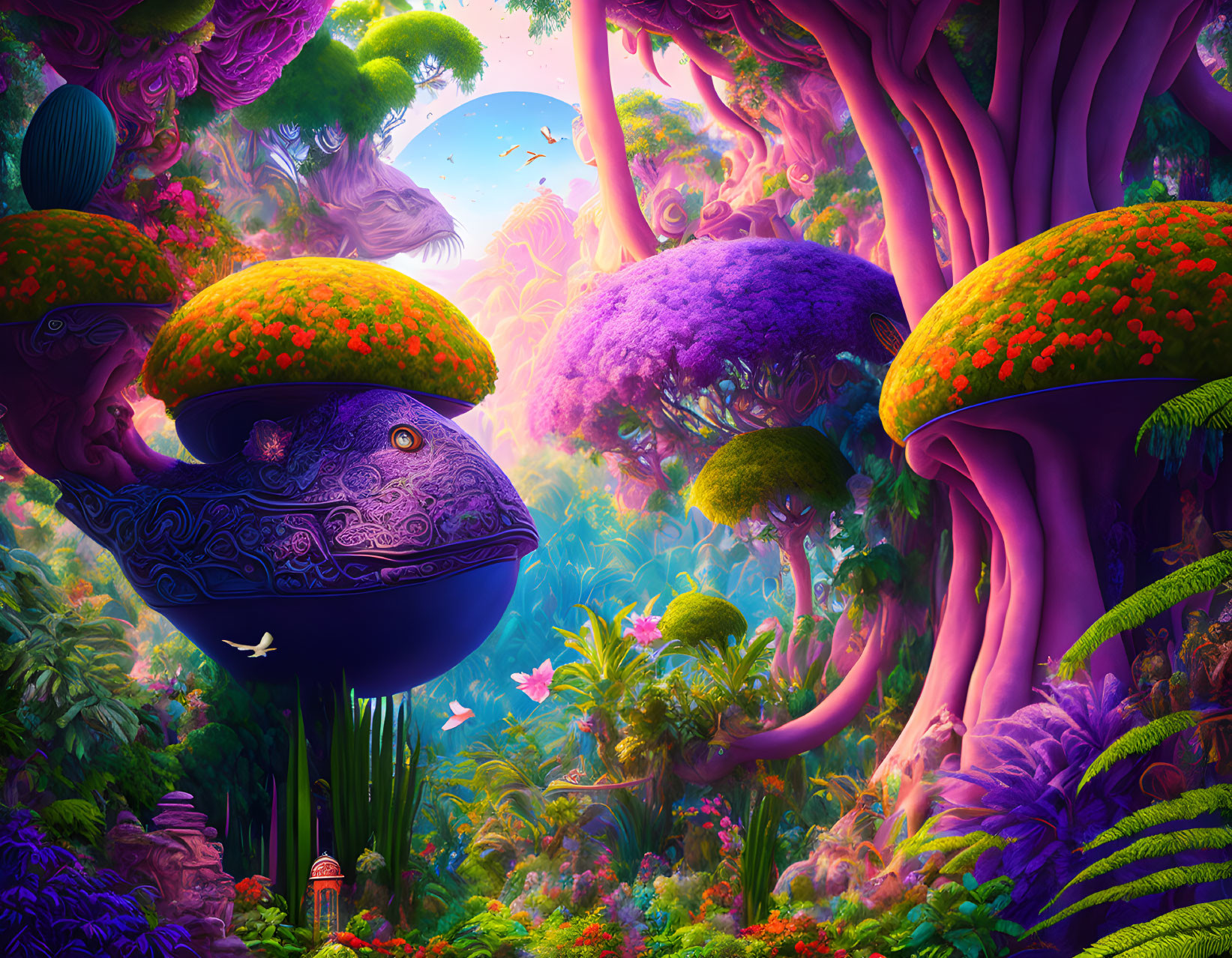 Colorful Landscape with Oversized Mushrooms and Floating Islands