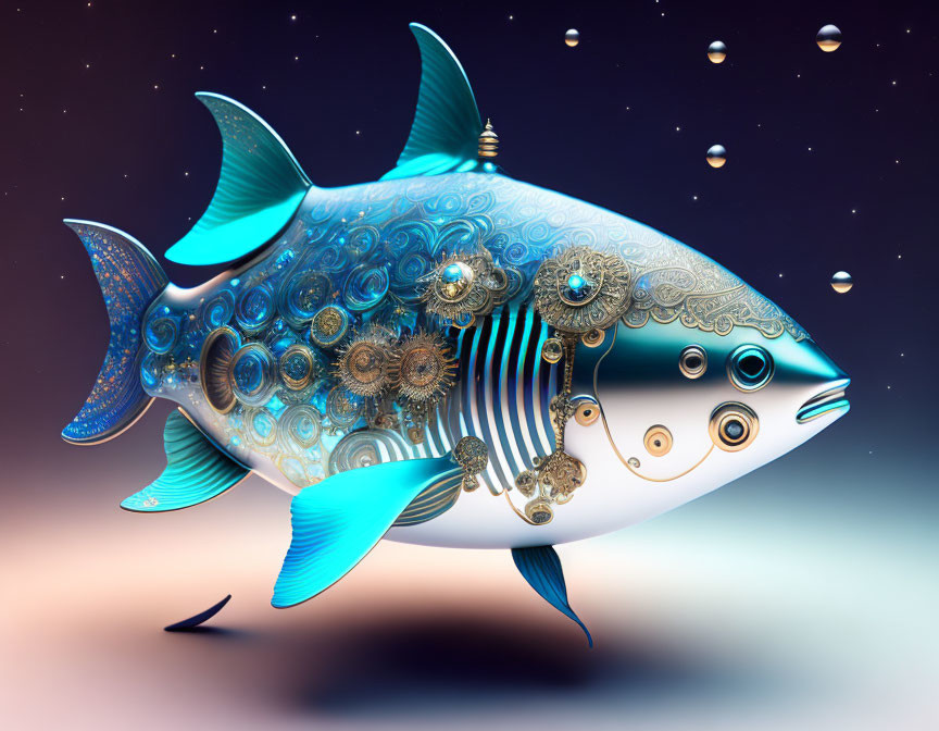 Colorful mechanical fish illustration with gears and cogs on gradient background.