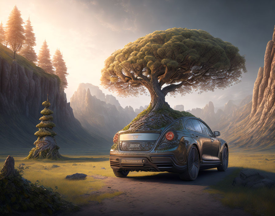 Luxury Car Parked in Fantastical Landscape with Unique Tree on Roof