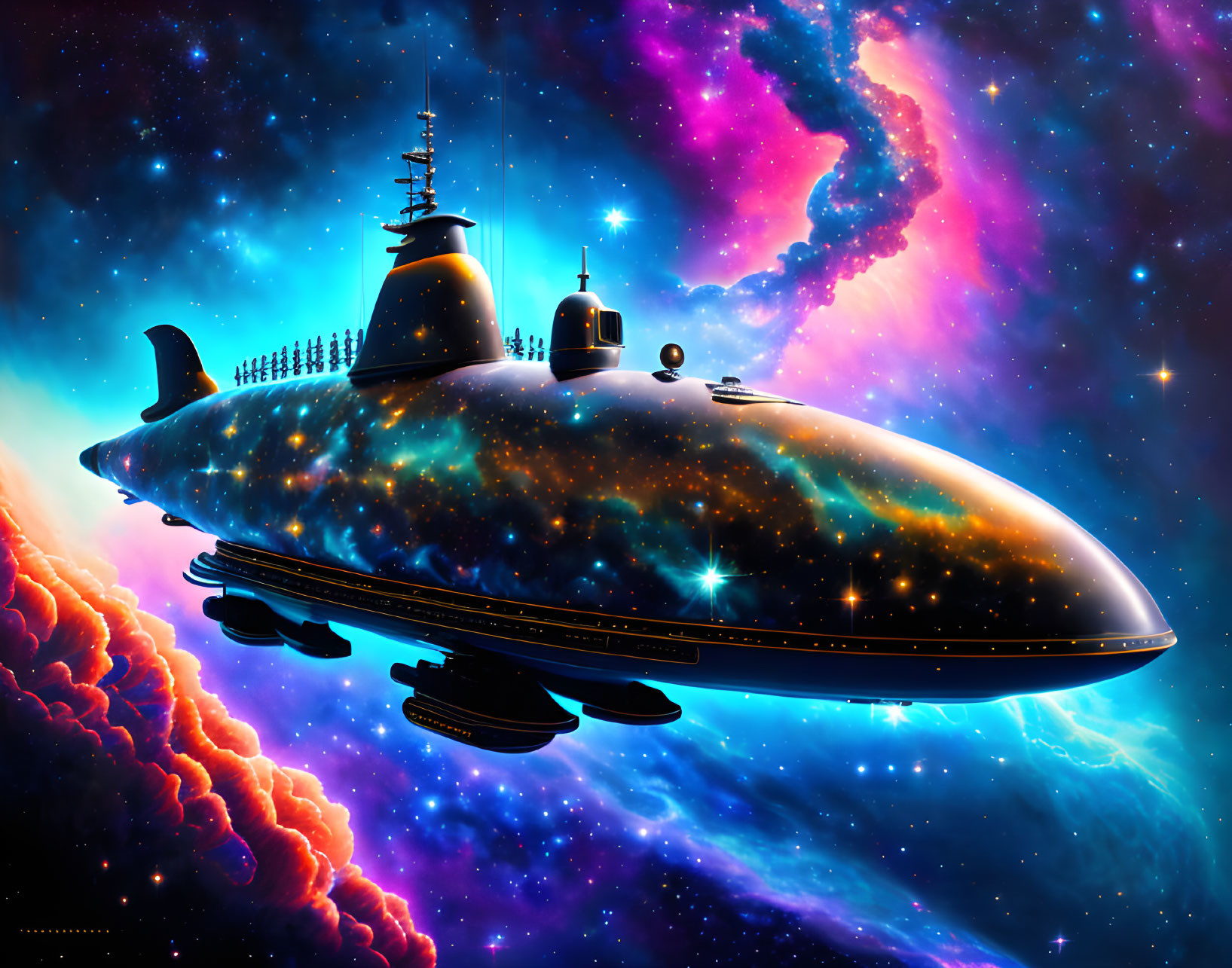 Surreal submarine whale in cosmic sea and space scene