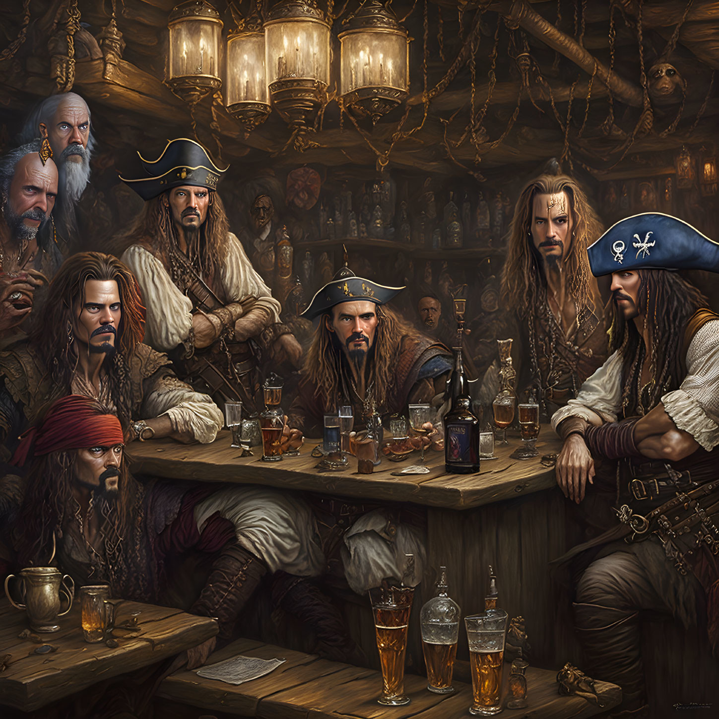 Detailed illustration: Intense pirates at wooden table in dimly lit tavern