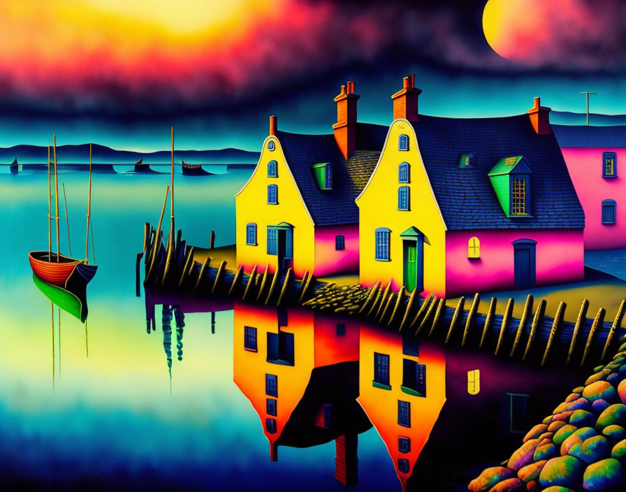 Colorful houses, boat, and dramatic sky in surreal landscape