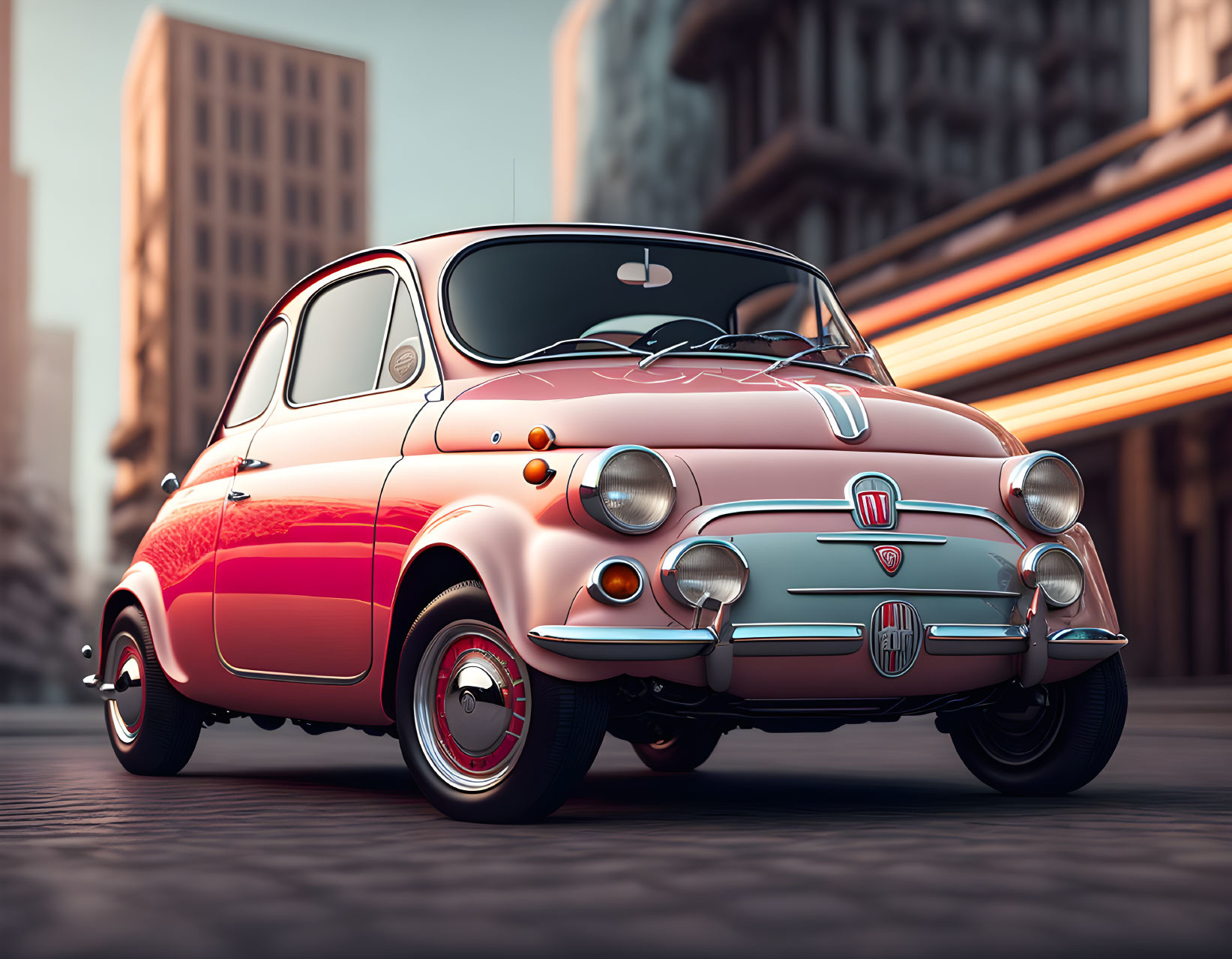 Classic Red and White Fiat 500 on City Street at Sunset