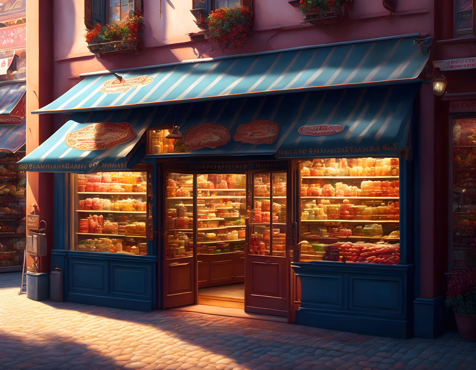 Cozy bakery with blue awning and fresh bread at sunset